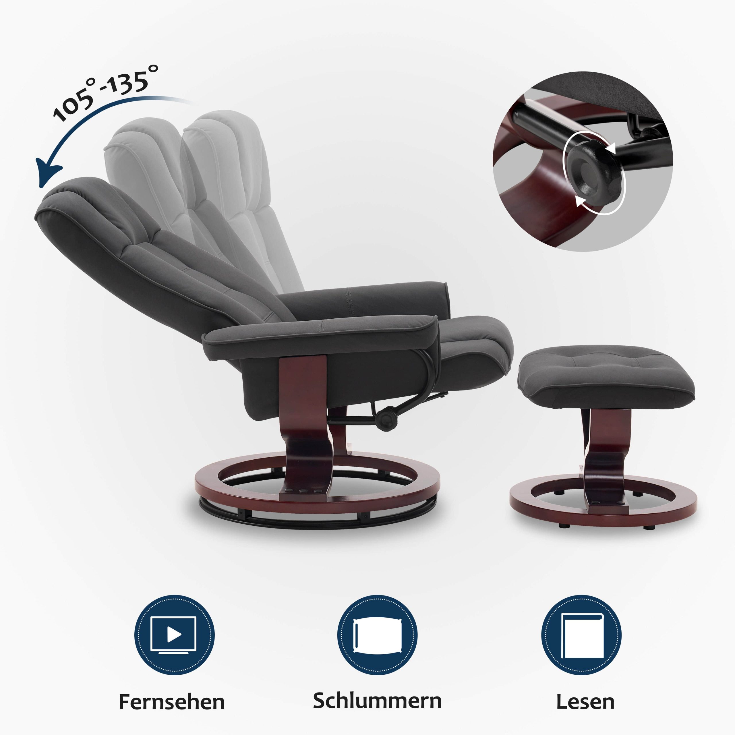 MCombo Premium Relaxsessel mit Hocker 9019 - Ergonomischer Fernsehsessel mit Relaxfunktion in Schwarz-Kunstleder | Inkl. Fußhocker für maximalen Komfort Dunkelgrau Sessel MCombo