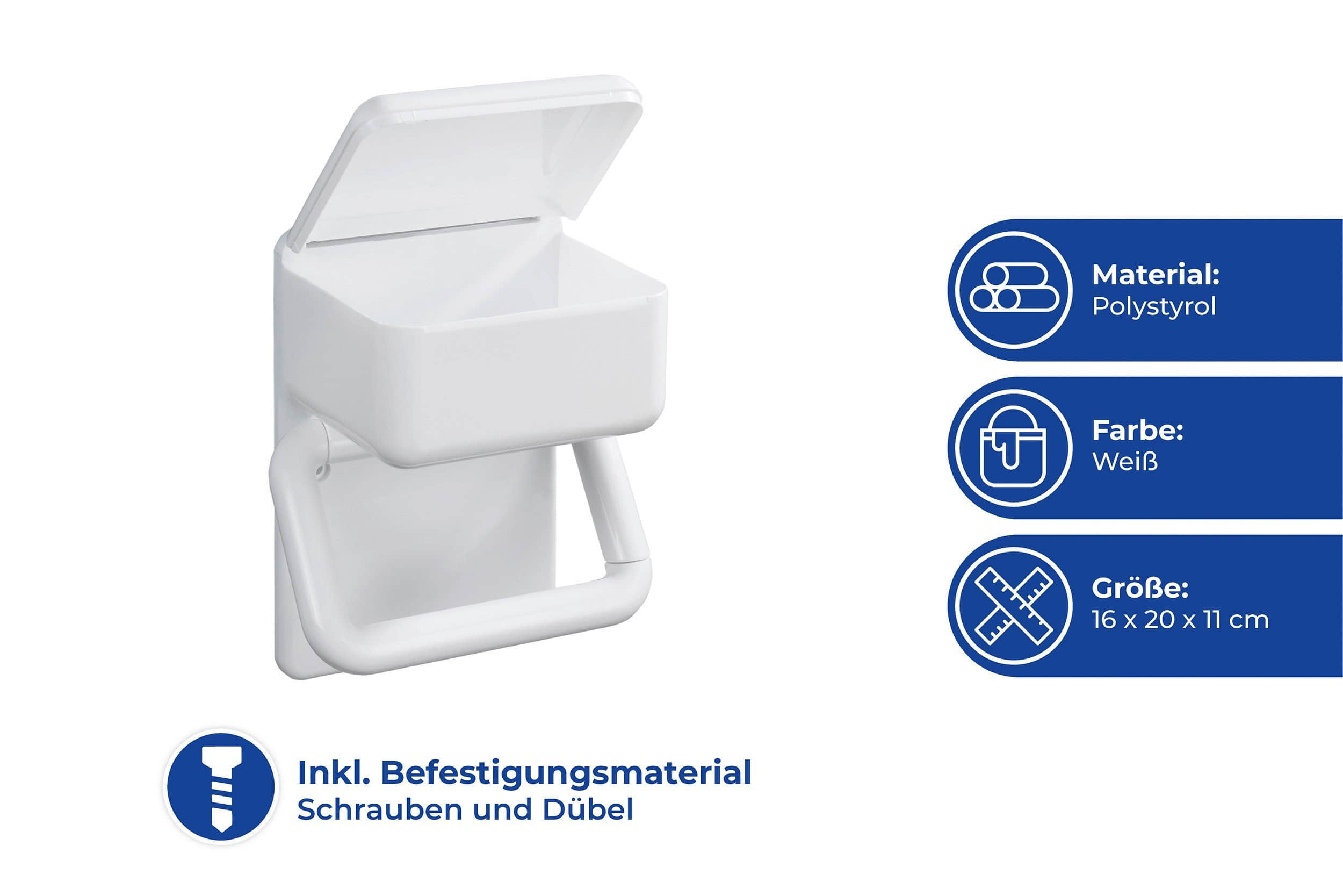 Maximex Bad & Sanitär Maximex Toilettenpapierhalter 2 in 1 mit Feuchttuch-Ablage | Stabiles Design in Weiß | 16x20x11 cm | Einfache Wandmontage