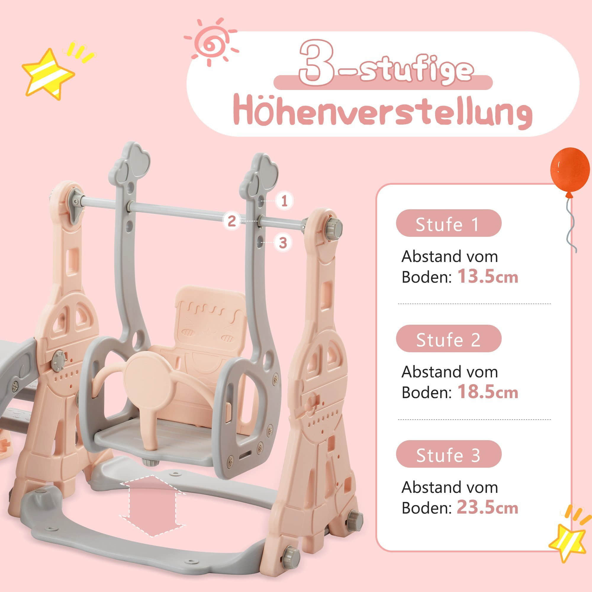 Merax Garten & Balkon Merax 3-in-1 Kinder Spielplatz Set mit Rutsche, Schaukel & Basketballkorb | HDPE-Material | Indoor/Outdoor | Sicher & Stabil Rosa
