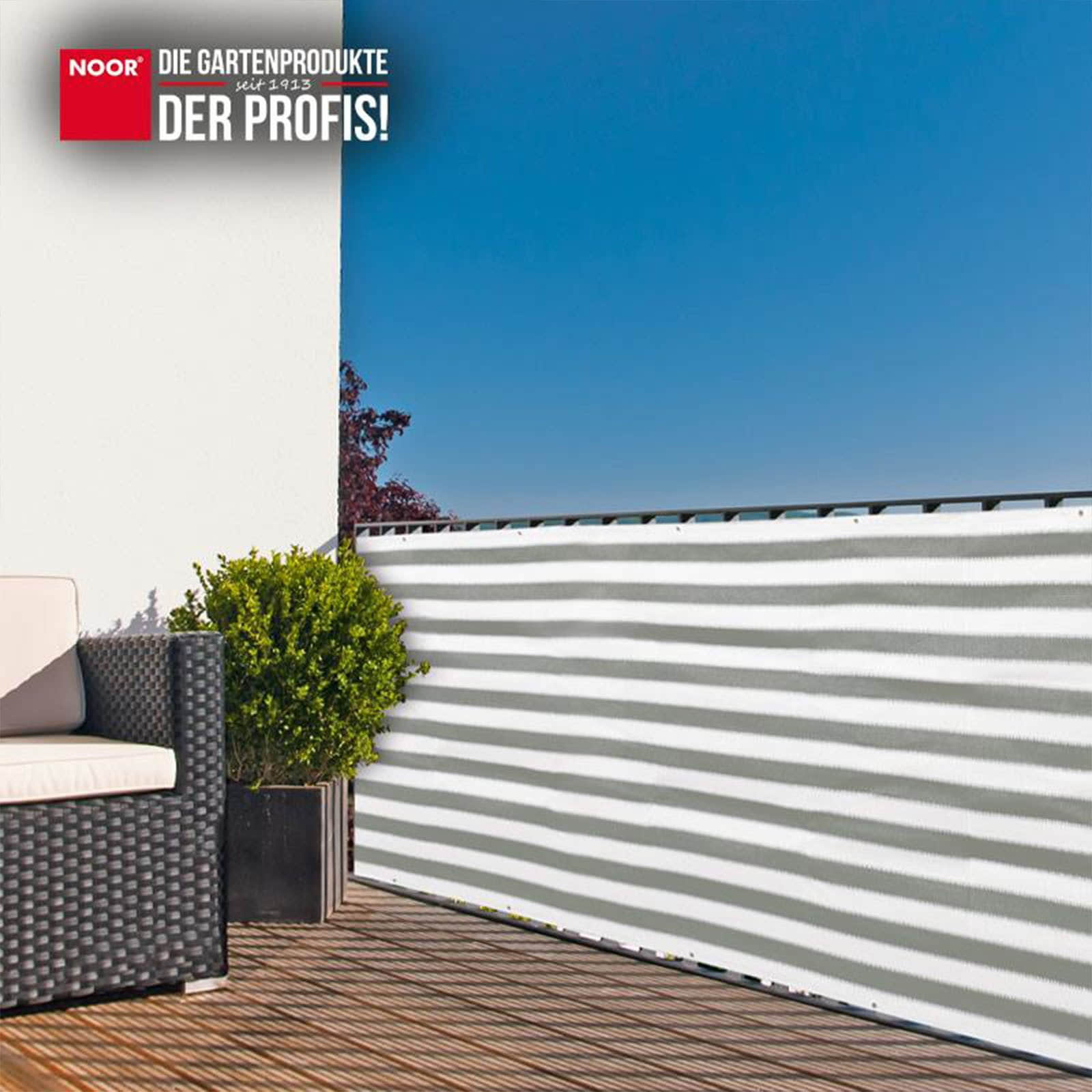 NOOR NOOR Balkonsichtschutz mit Ösen - Premium Balkonblende aus PE-Gewebe (0.9x3m, Braun) | UV-beständig & witterungsfest | Made in Germany Grau/Weiß Garten & Balkon