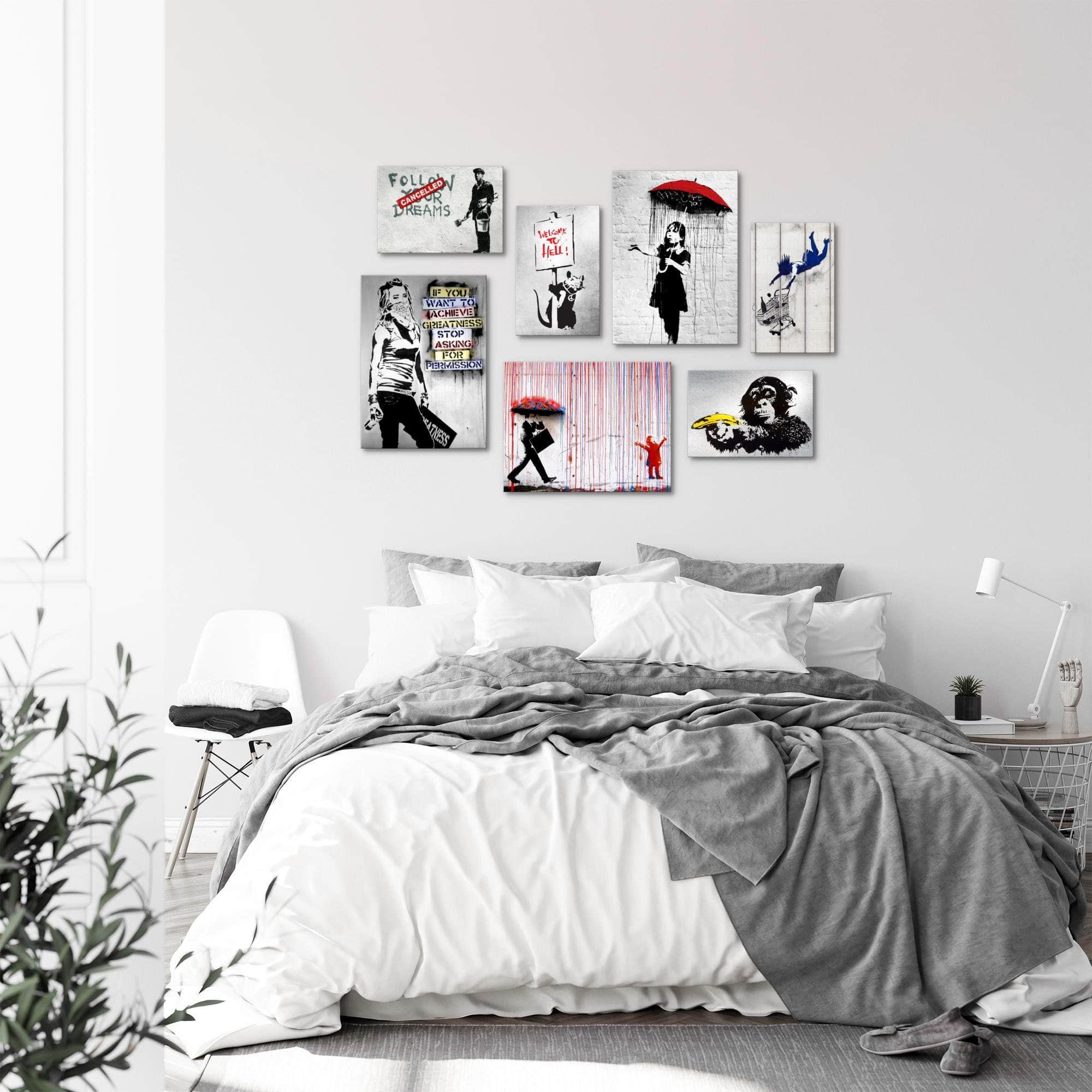 Novart Banksy Style Wandbild-Set - 3-teilige Street Art Collage (100x70cm) - Aufhängefertig - Moderne Wanddekoration für Wohnzimmer & Büro - Made in Germany Dekoration Novart