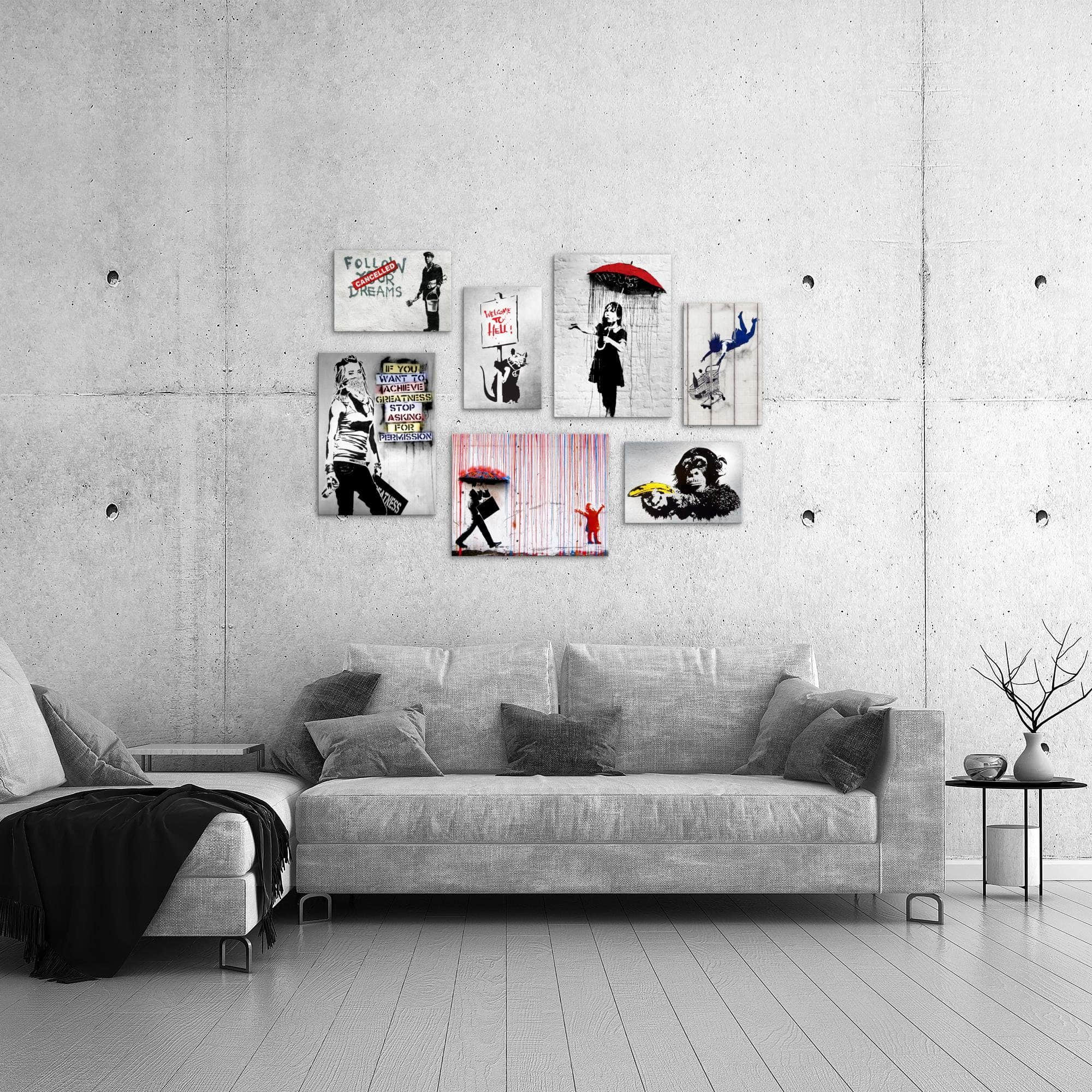Novart Banksy Style Wandbild-Set - 3-teilige Street Art Collage (100x70cm) - Aufhängefertig - Moderne Wanddekoration für Wohnzimmer & Büro - Made in Germany Dekoration Novart