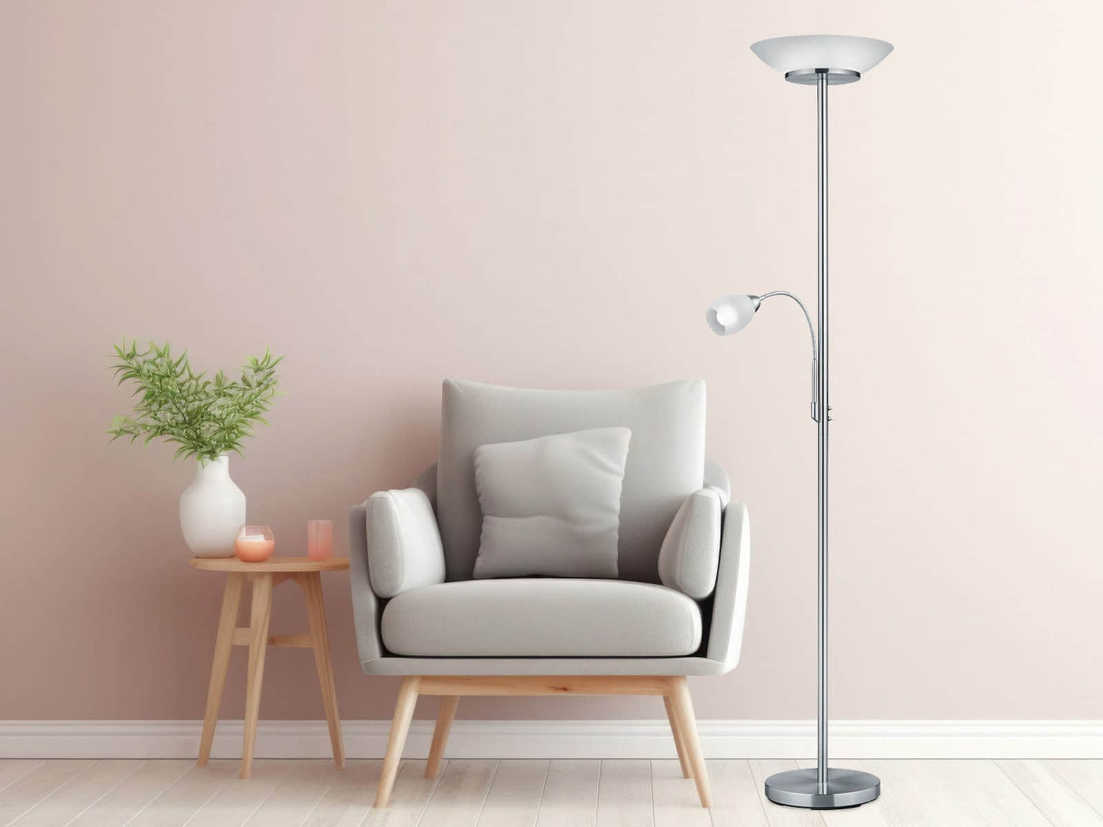 Reality Leuchten LED Deckenfluter 180cm mit Leselampe - Moderner Designklassiker in Silber | Warmweiße LED wechselbar | Flexibler Lesearm | Hochwertige Stehlampe für Wohnzimmer & Lese-Ecken Silber matt Lampen Reality Leuchten