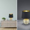 Reality Leuchten LED Nachttischlampe dimmbar - Warmweiße Tischleuchte mit Stoffschirm & Holzoptik (26cm) - Wechselbare LED für Fensterbank, Schlafzimmer & Wohnzimmer Schwarz-Gold Reality Leuchten Lampen