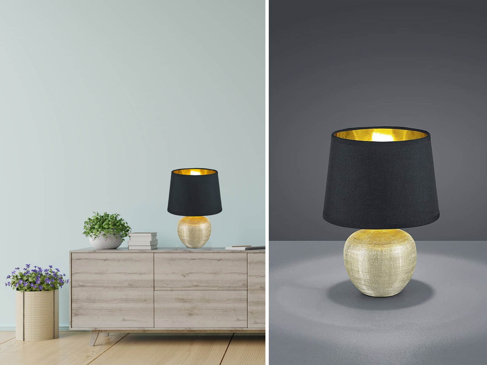 Reality Leuchten LED Nachttischlampe dimmbar - Warmweiße Tischleuchte mit Stoffschirm & Holzoptik (26cm) - Wechselbare LED für Fensterbank, Schlafzimmer & Wohnzimmer Schwarz-Gold Reality Leuchten Lampen