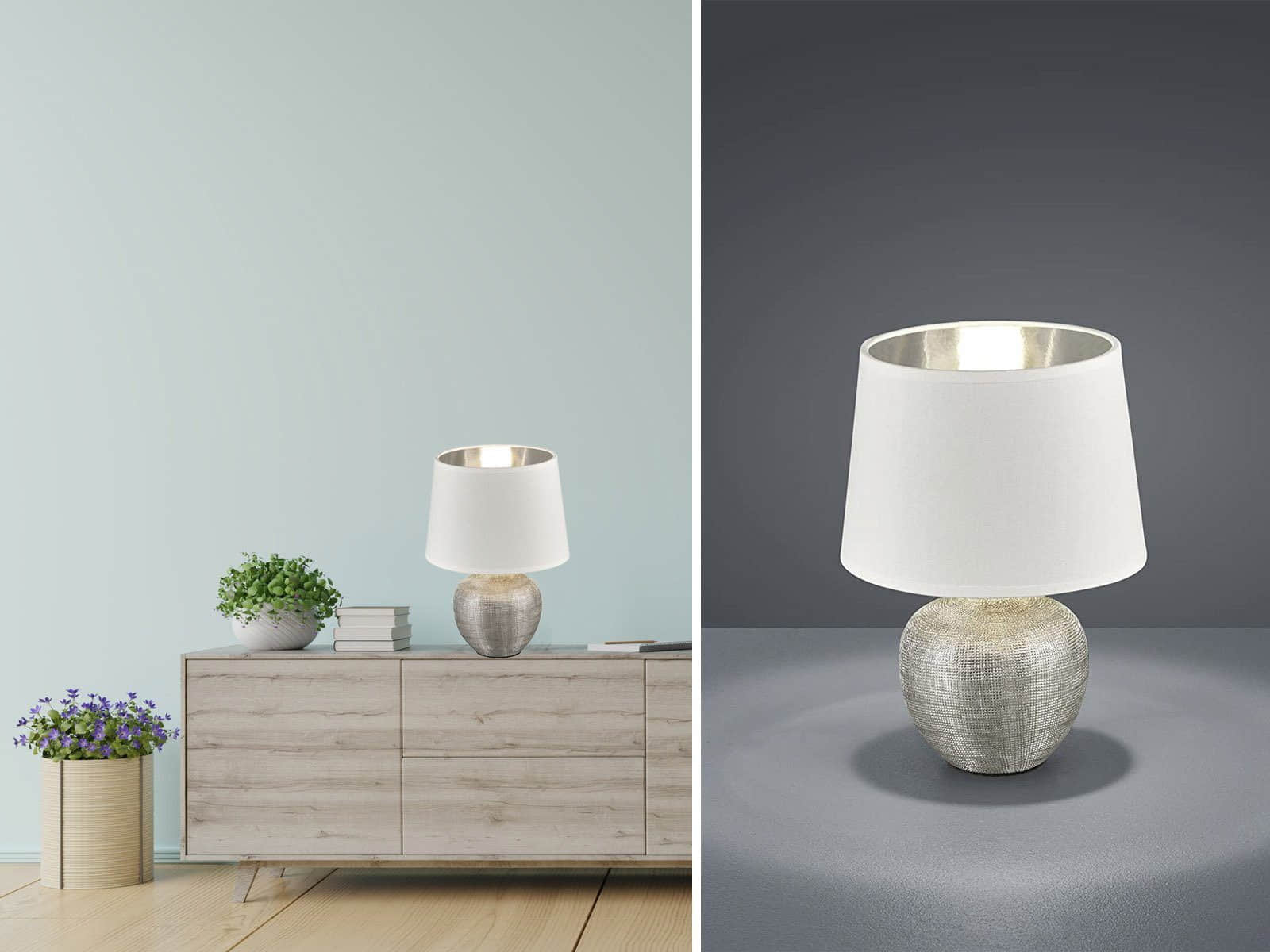 Lampen Reality Leuchten Reality Leuchten LED Nachttischlampe dimmbar - Warmweiße Tischleuchte mit Stoffschirm & Holzoptik (26cm) - Wechselbare LED für Fensterbank, Schlafzimmer & Wohnzimmer Weiß-Silber