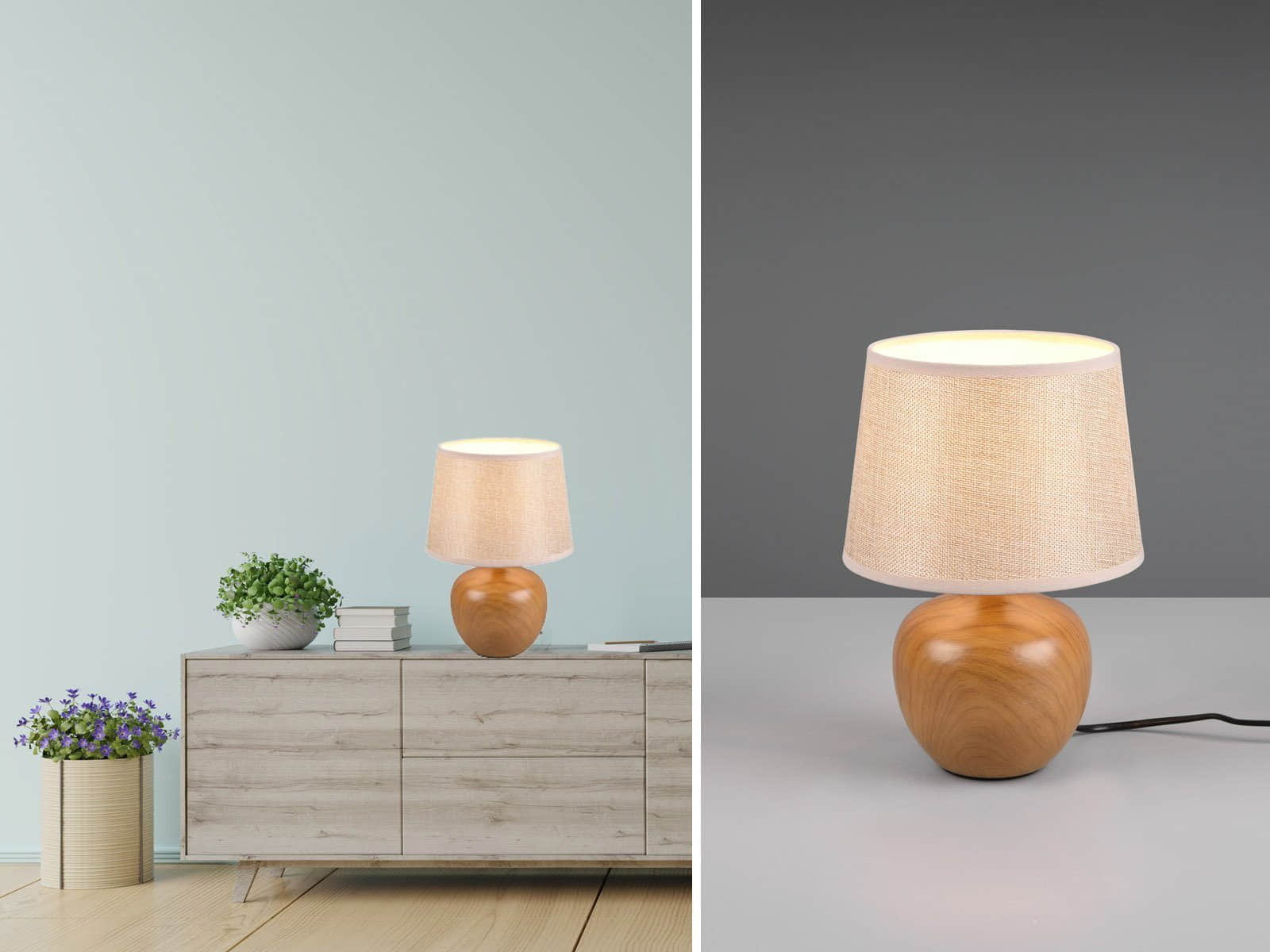 Reality Leuchten Reality Leuchten LED Nachttischlampe dimmbar - Warmweiße Tischleuchte mit Stoffschirm & Holzoptik (26cm) - Wechselbare LED für Fensterbank, Schlafzimmer & Wohnzimmer Beige, Hol Lampen