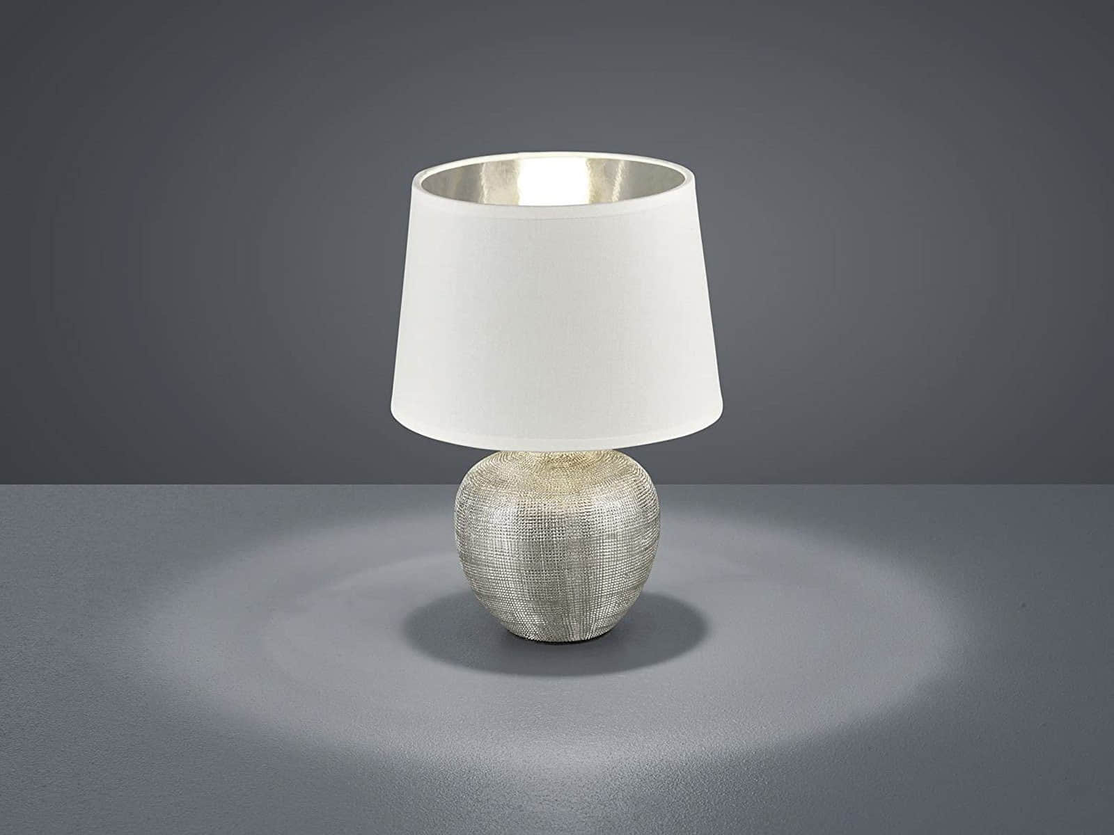 Lampen Reality Leuchten Reality Leuchten LED Nachttischlampe dimmbar - Warmweiße Tischleuchte mit Stoffschirm & Holzoptik (26cm) - Wechselbare LED für Fensterbank, Schlafzimmer & Wohnzimmer Weiß-Silber