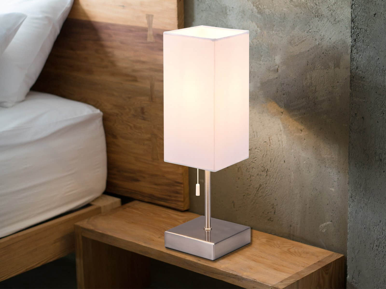 Lampen Reality Leuchten Reality Leuchten R59029901 LED Nachttischlampe mit Dimmfunktion (3 Stufen), USB-Ladestation, 35cm Höhe, warmweißes Licht, austauschbare 4W LED, Stoffschirm - Energieklasse A++ Silber-Weiß