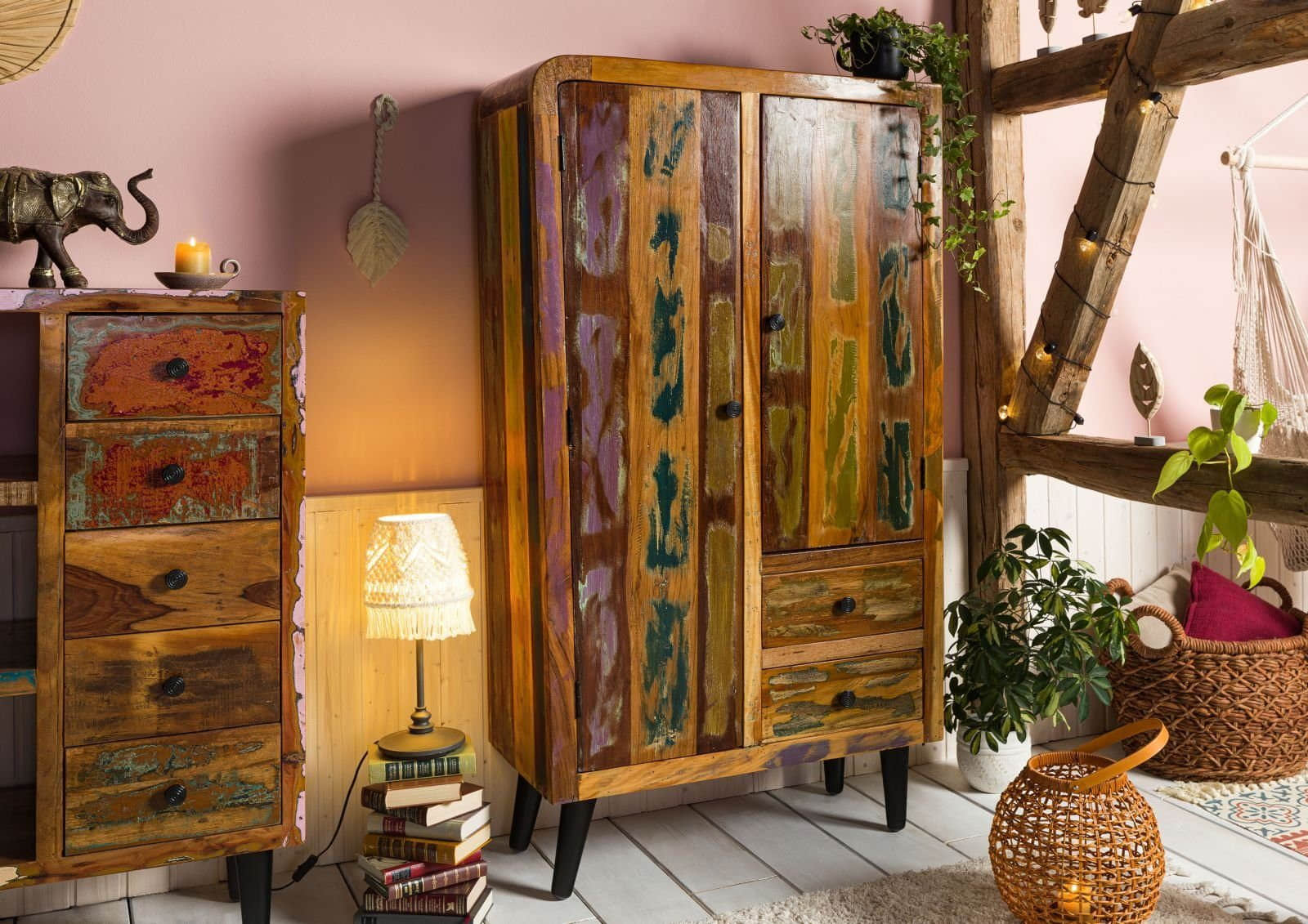 SIXTIES #109 Highboard aus massivem Altholz 90x40x160 cm – Mehrfarbig lackiertes Retro-Möbel | MASSIVMOEBEL24 Massivmoebel24 Kommoden & Sideboards