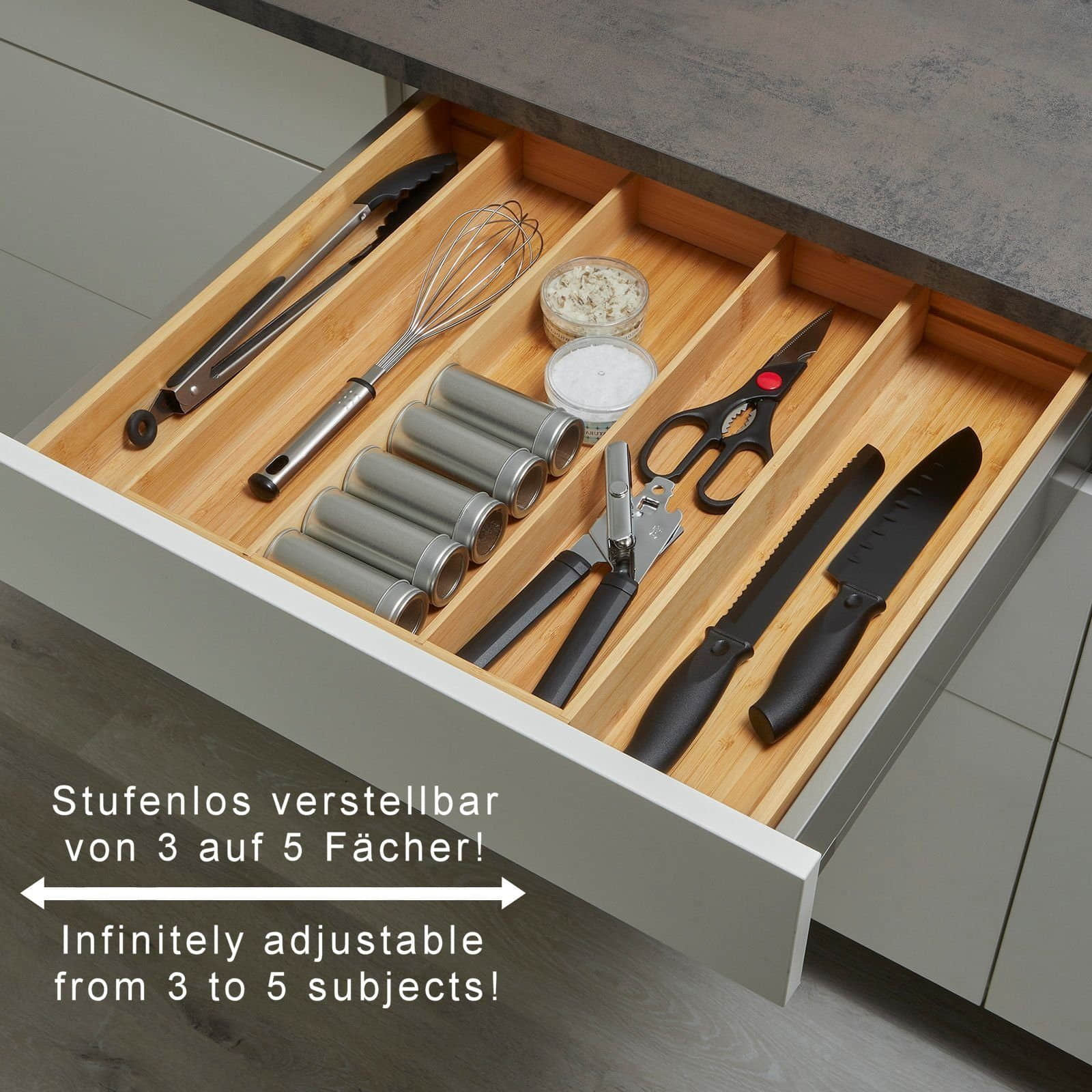 SO-TECHu00AE Aufbewahrung SO-TECH® ORGA-BOX® III Universal Bambus Besteckeinsatz (1 St) | Verstellbarer Schubladenorganizer 400-600mm | Für Nobilia, Pronorm, Ikea Küchen