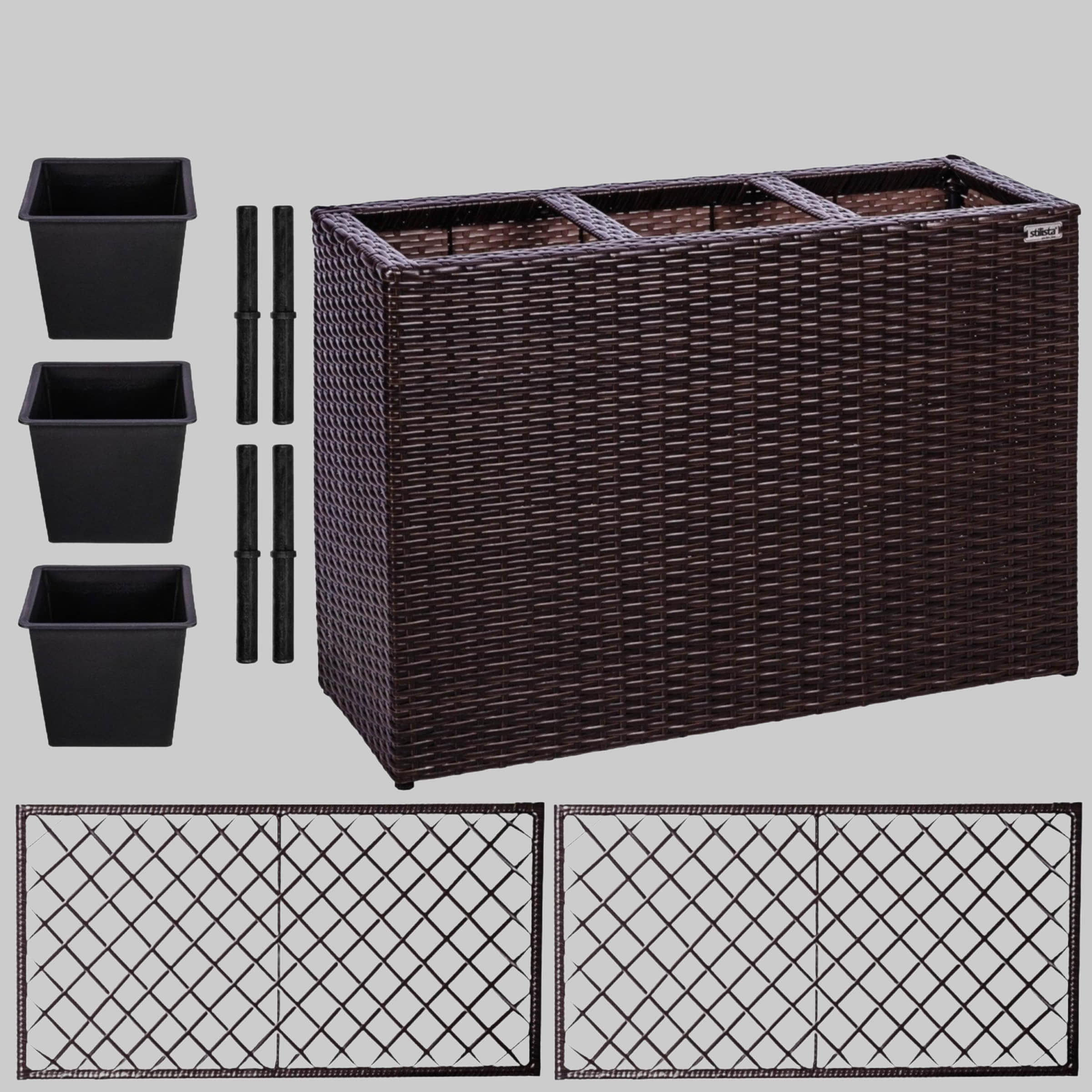STILISTA Polyrattan Pflanzkübel Set mit 3 Innentöpfen & Rankgitter | 130x84x29 cm | Wetterfester Blumenkasten für Balkon & Garten | Schwarz/Creme/Braun/Grau Braun Garten & Balkon STILISTA