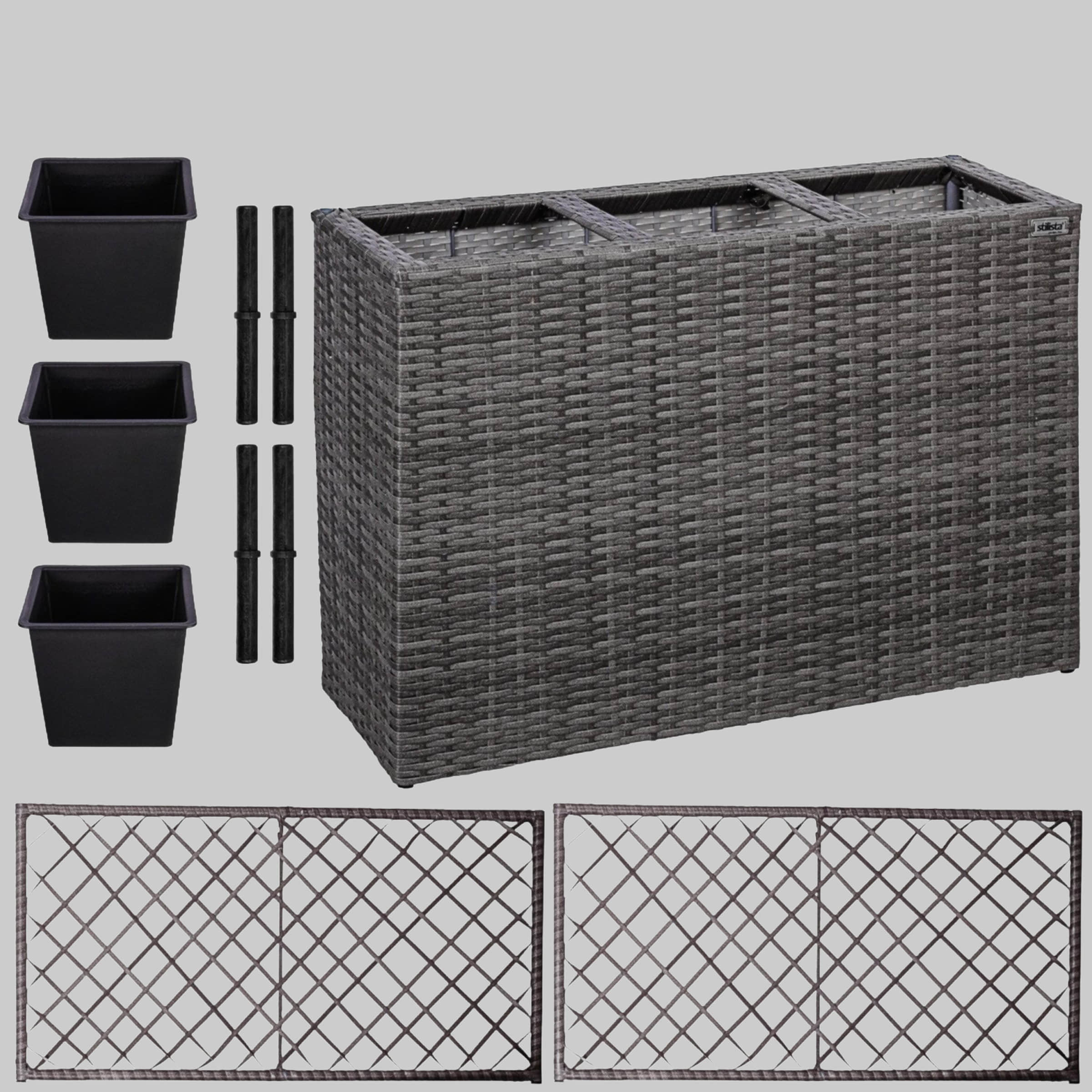 STILISTA STILISTA Polyrattan Pflanzkübel Set mit 3 Innentöpfen & Rankgitter | 130x84x29 cm | Wetterfester Blumenkasten für Balkon & Garten | Schwarz/Creme/Braun/Grau Grau Garten & Balkon