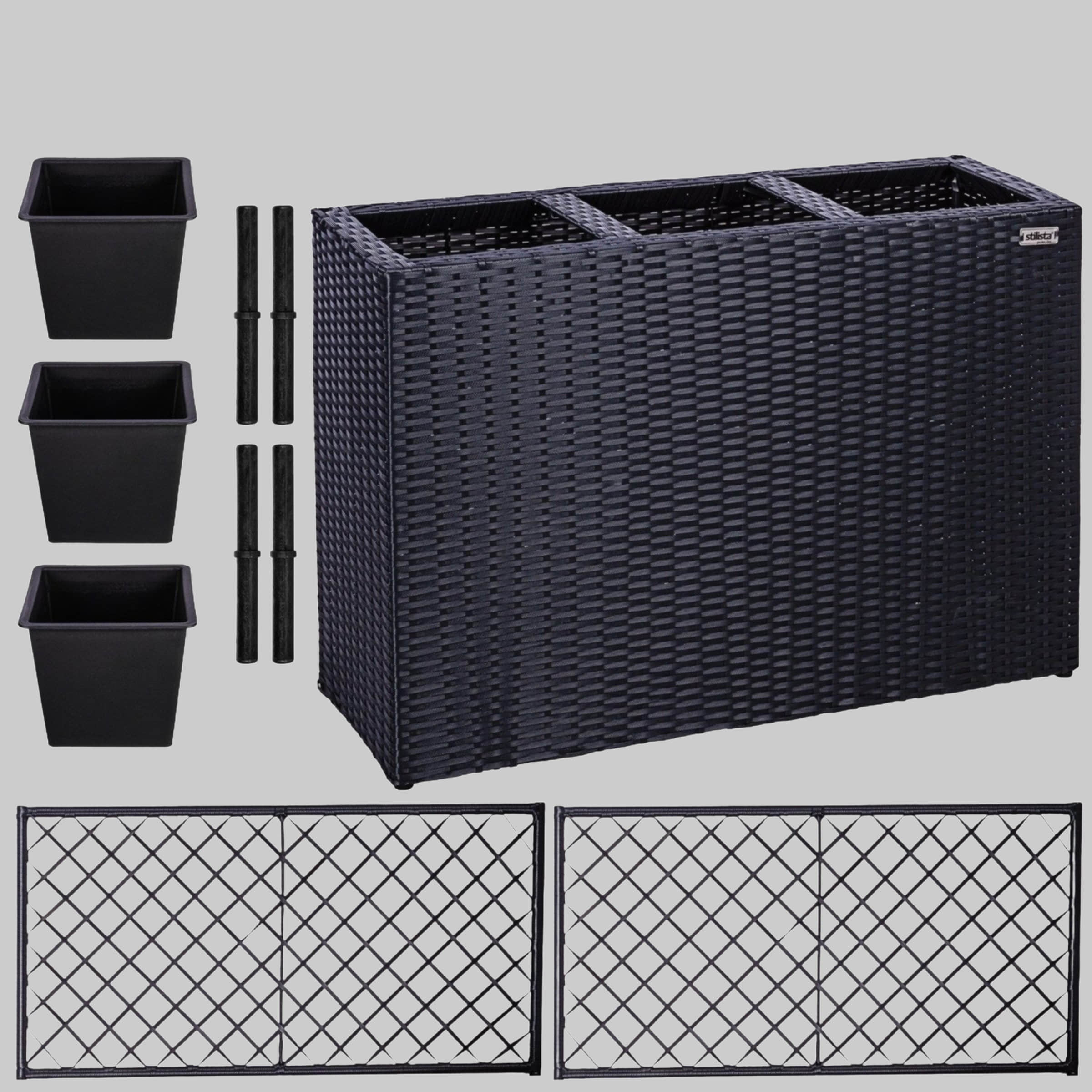 STILISTA Polyrattan Pflanzkübel Set mit 3 Innentöpfen & Rankgitter | 130x84x29 cm | Wetterfester Blumenkasten für Balkon & Garten | Schwarz/Creme/Braun/Grau Schwarz Garten & Balkon STILISTA
