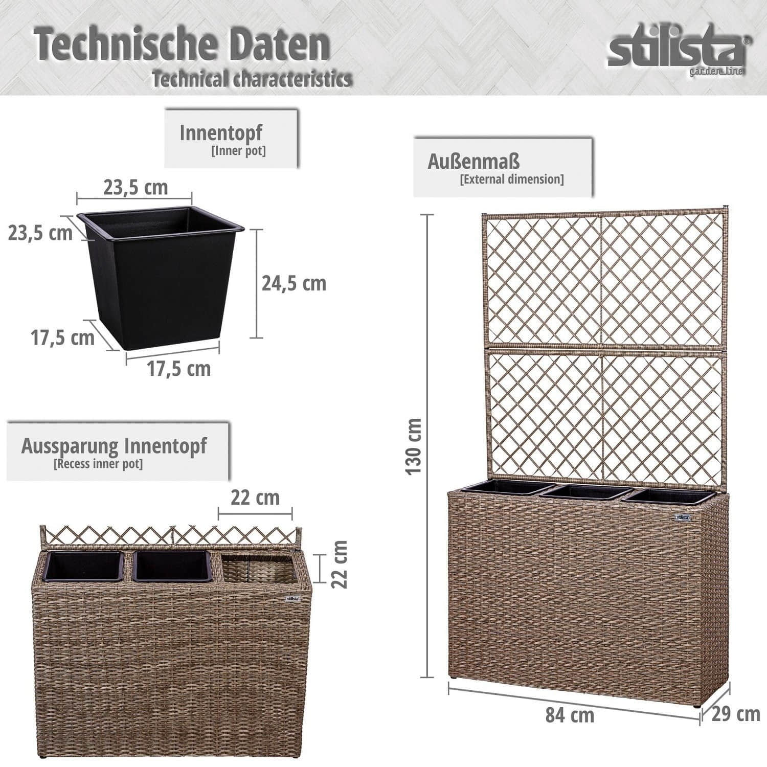 STILISTA Polyrattan Pflanzkübel Set mit 3 Innentöpfen & Rankgitter | 130x84x29 cm | Wetterfester Blumenkasten für Balkon & Garten | Schwarz/Creme/Braun/Grau Schwarz Garten & Balkon STILISTA