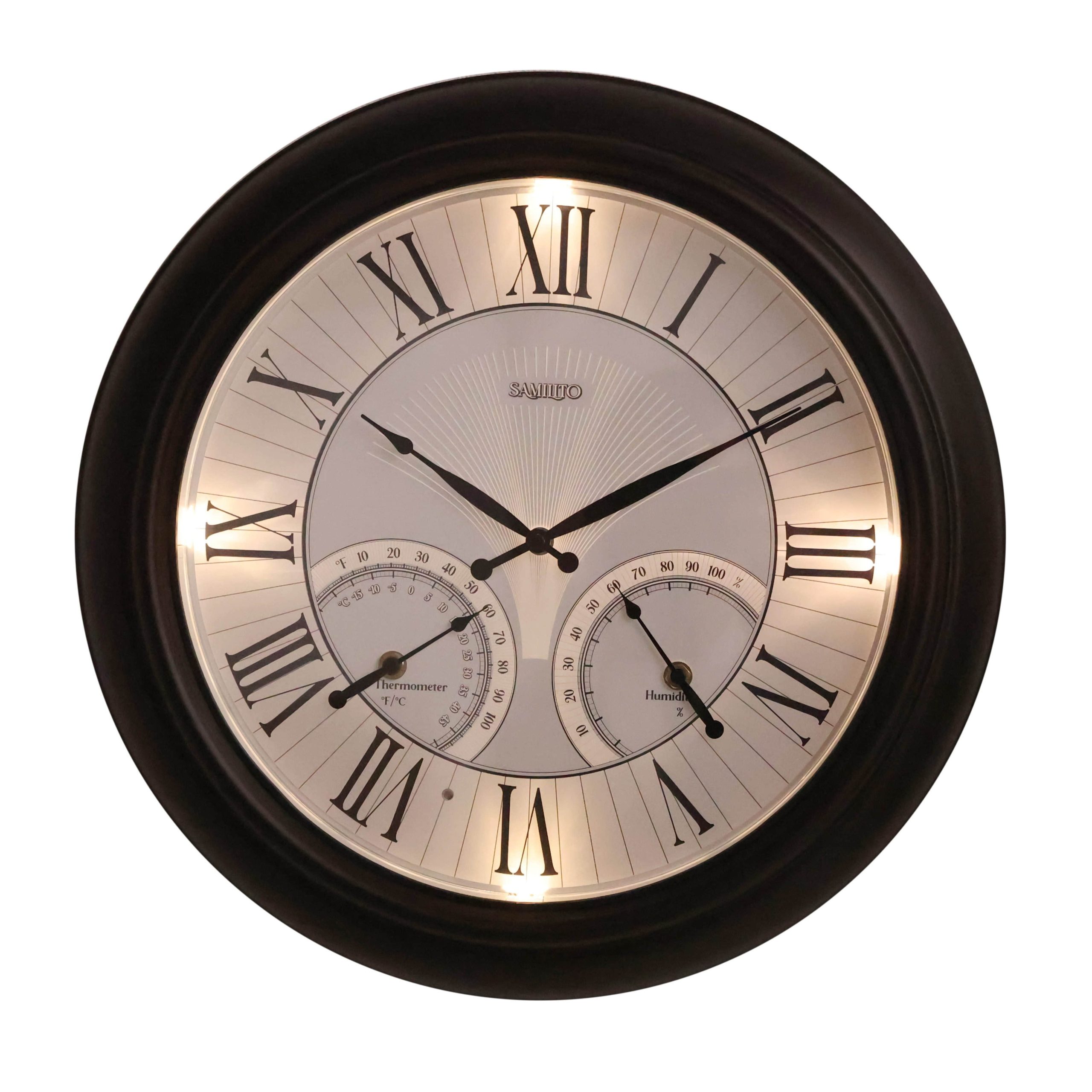 Samilito 18" Weatherproof Illuminated Wall Clock with Thermometer & Hygrometer - Indoor/Outdoor Waterproof Design for Garden, Patio & Pool Areas Schwarz Dekoration Samilito
