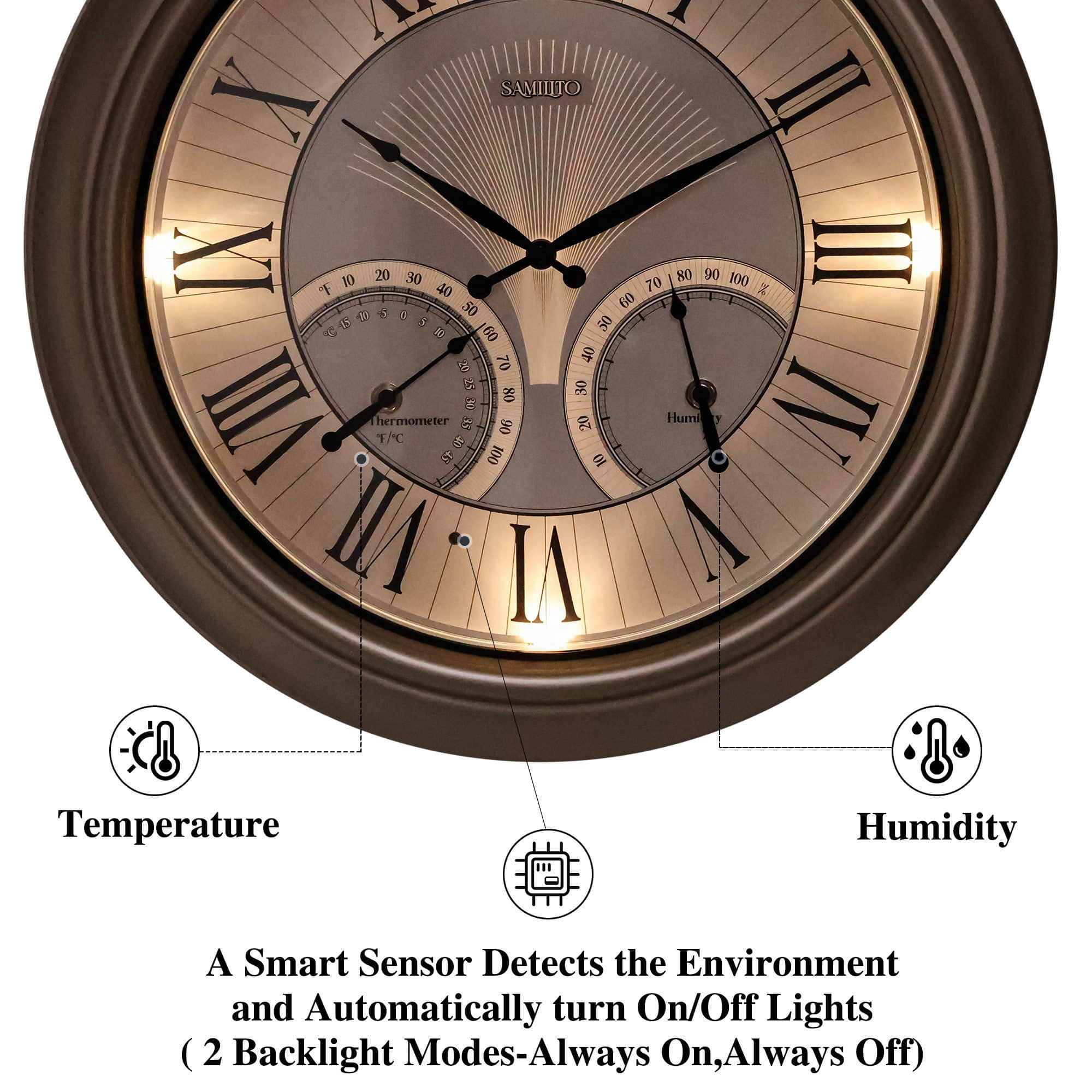 Samilito 18" Weatherproof Illuminated Wall Clock with Thermometer & Hygrometer - Indoor/Outdoor Waterproof Design for Garden, Patio & Pool Areas Silber Samilito Dekoration