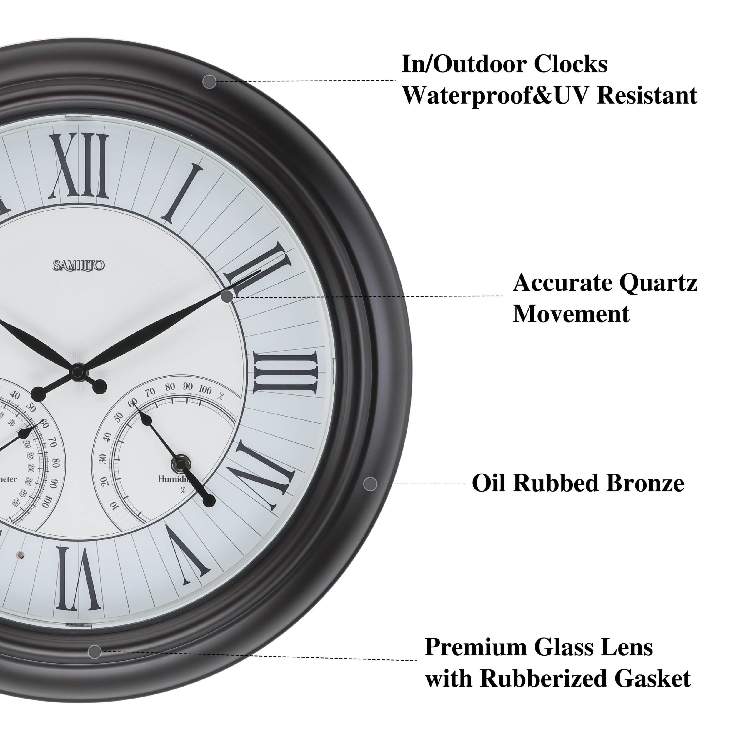 Samilito 18" Weatherproof Illuminated Wall Clock with Thermometer & Hygrometer - Indoor/Outdoor Waterproof Design for Garden, Patio & Pool Areas Schwarz Dekoration Samilito