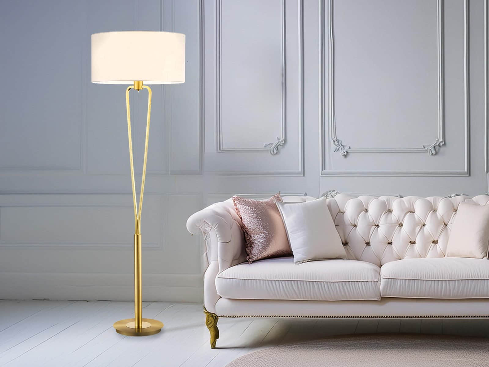 TRIO Leuchten Lampen TRIO Leuchten LED Adjustable Floor Lamp - 160cm Height, Dimmable Warm White Light, Classic Fabric Shade Design, Replaceable LED Bulbs - White Messing