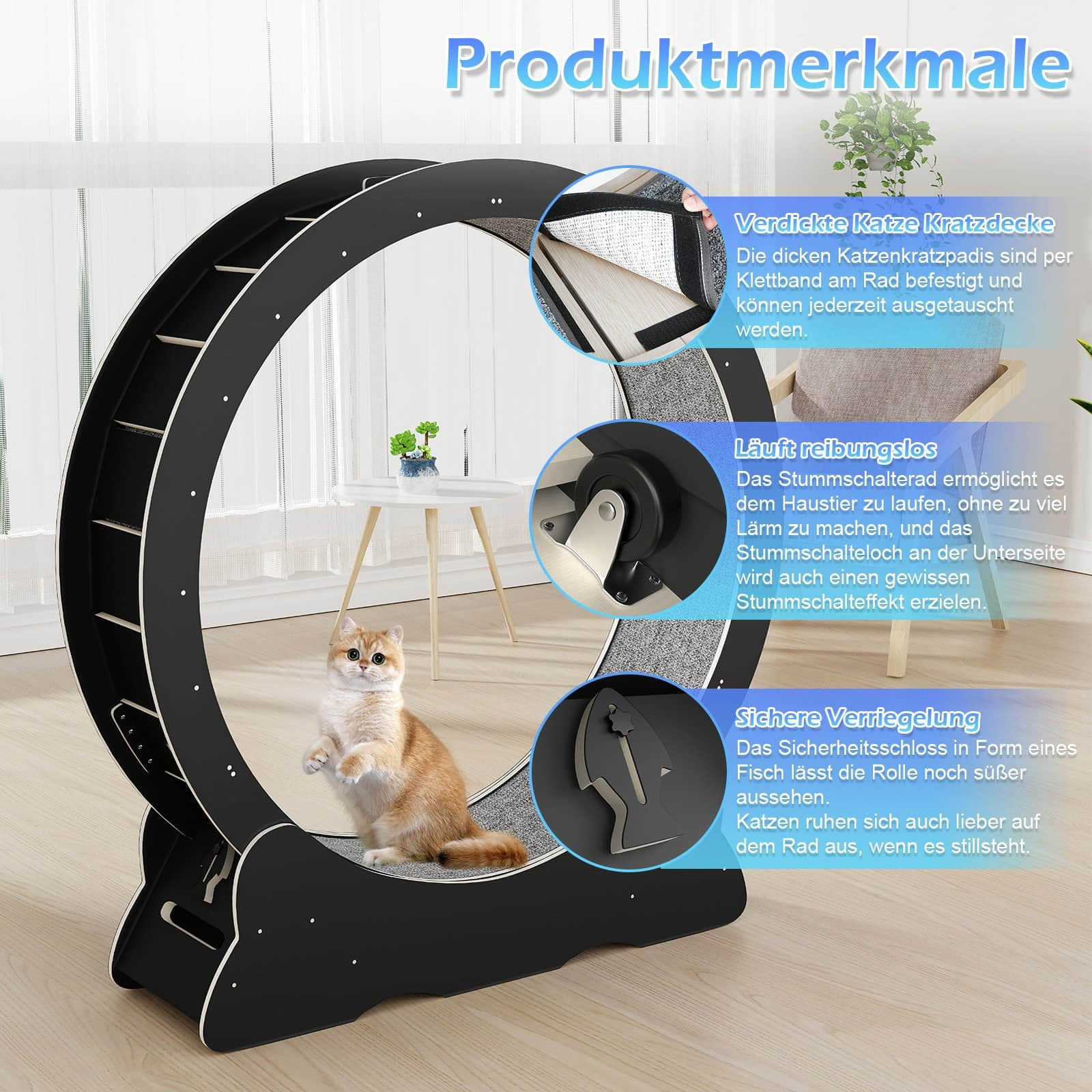 TWSOUL TWSOUL Premium Cat Exercise Wheel - 100cm Solid Wood Running Wheel with Safety Lock for Indoor Cats - Quiet Pet Treadmill for Fitness & Play SCHWARZ Tierbedarf