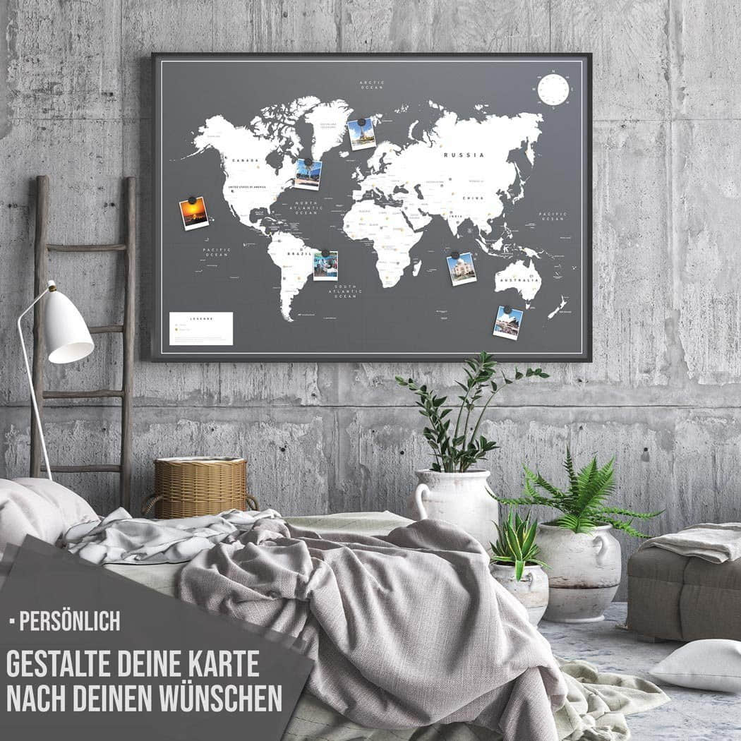 VACENTURES Dekoration VACENTURES Premium Magnetische Weltkarte - XXL Ferromagnetische Wandkarte in Schwarz-Weiß mit 30 Magnet-Pins - Made in Germany