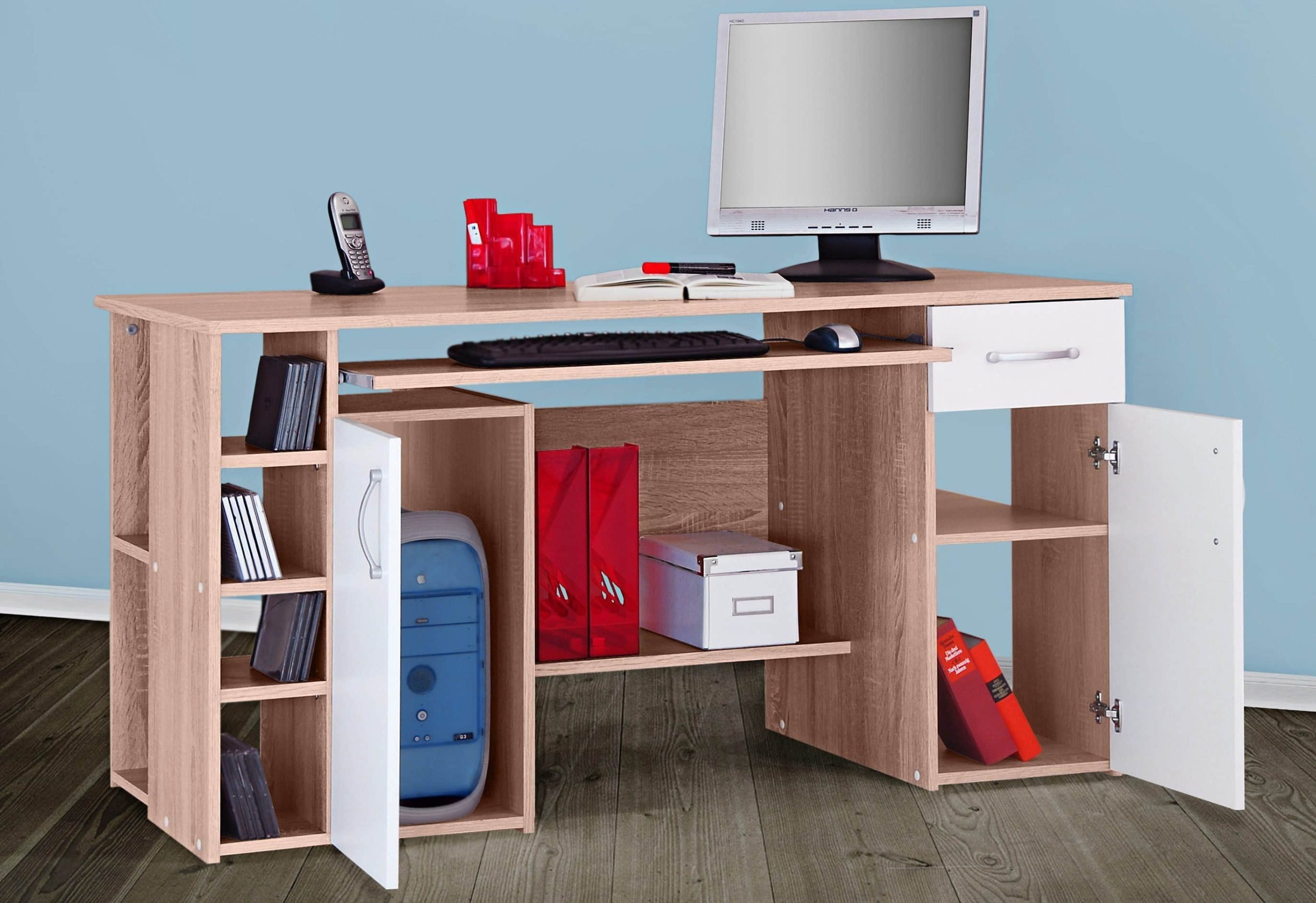 Kinderzimmer VOGL Mu00F6belfabrik VOGL Möbelfabrik Schreibtisch »Tim« - 180 cm Gaming/Office-Tisch mit Stauraum | Made in Germany | 3 Jahre Garantie sonoma-wei