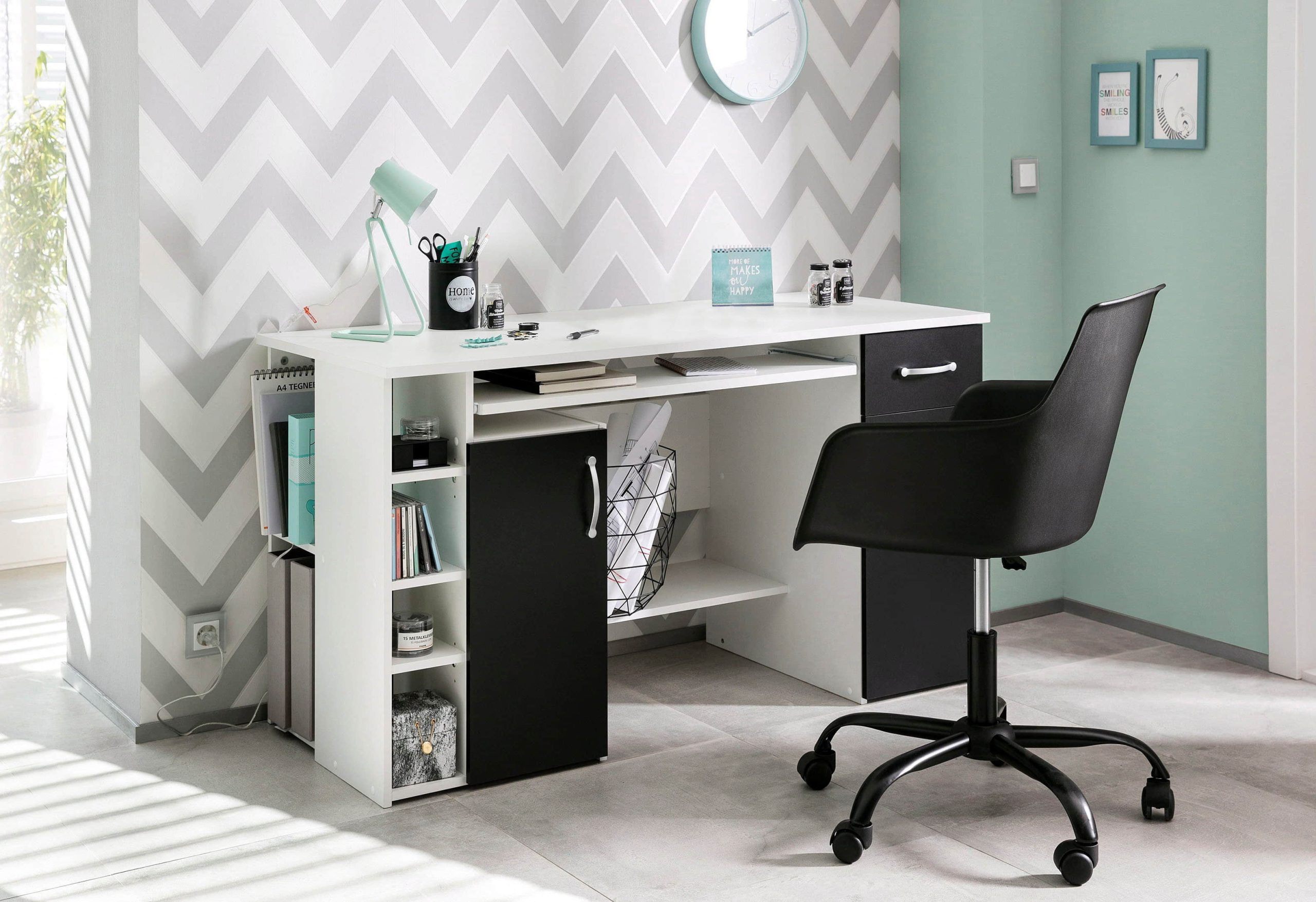 VOGL Möbelfabrik Schreibtisch »Tim« - 180 cm Gaming/Office-Tisch mit Stauraum | Made in Germany | 3 Jahre Garantie weiß/schwa Kinderzimmer VOGL Mu00F6belfabrik