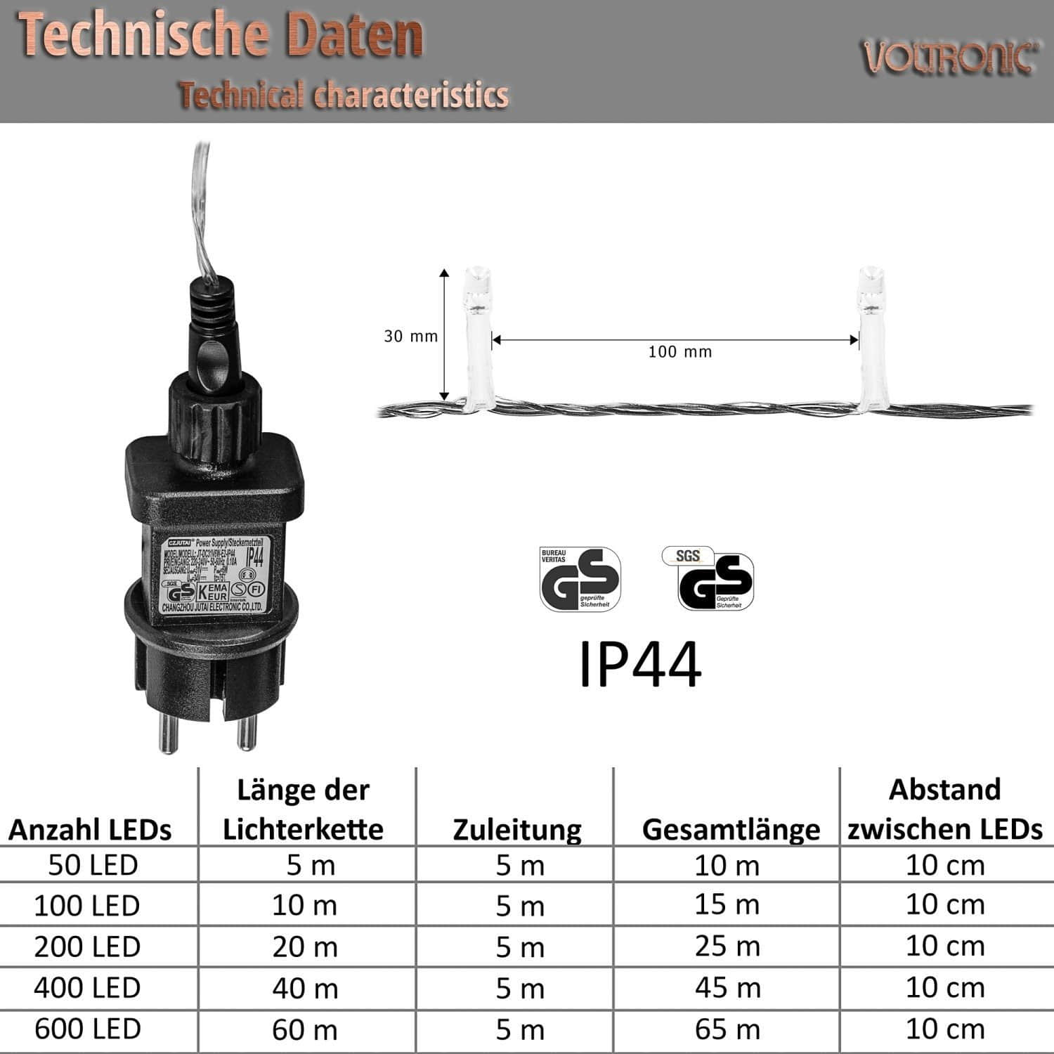 VOLTRONIC® Premium LED-Lichterkette [50/100/200/400/600 LEDs] IP44 für Innen/Außen - Mit Fernbedienung & Timer - Warmweiß/Kaltweiß/Bunt - 5m-60m Länge - Energiesparende Dekobeleuchtung Bunt Lampen VOLTRONIC