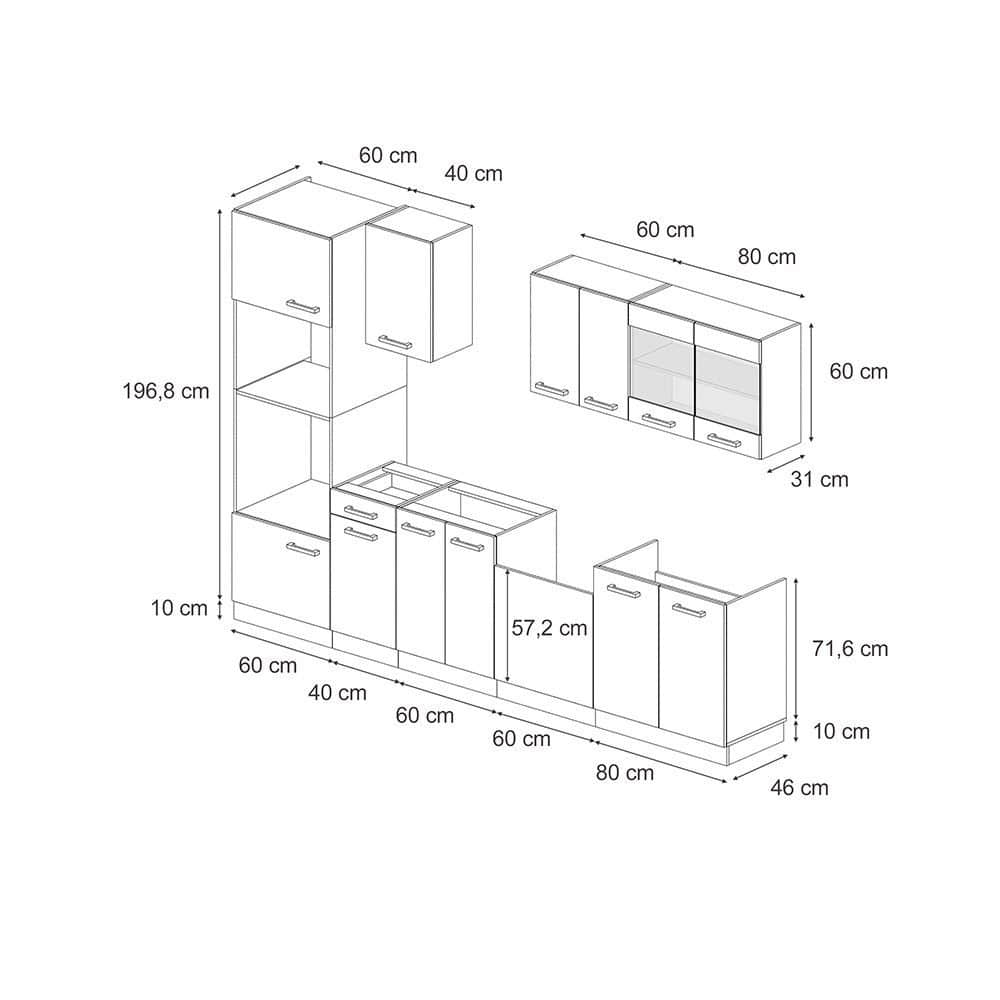 Vicco Vicco R-Line Küchenzeile 300 cm - Sonoma/Weiß mit Hochschrank (ohne AP) | Modulares Küchensystem mit Soft-Close-Scharnieren | Höhenverstellbare Füße Artisan-Ei Küchen