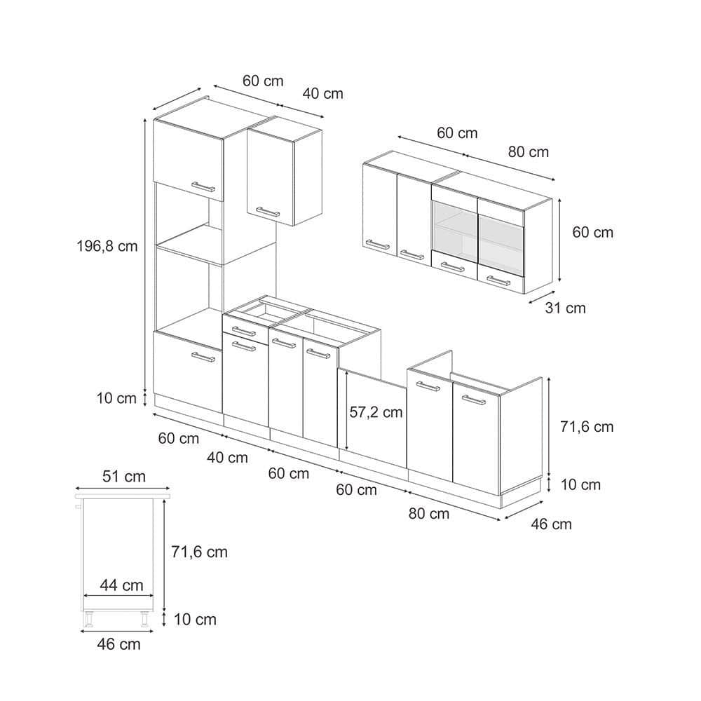Küchen Vicco Vicco R-Line Küchenzeile 300 cm - Sonoma/Weiß mit Hochschrank (ohne AP) | Modulares Küchensystem mit Soft-Close-Scharnieren | Höhenverstellbare Füße Anthrazit