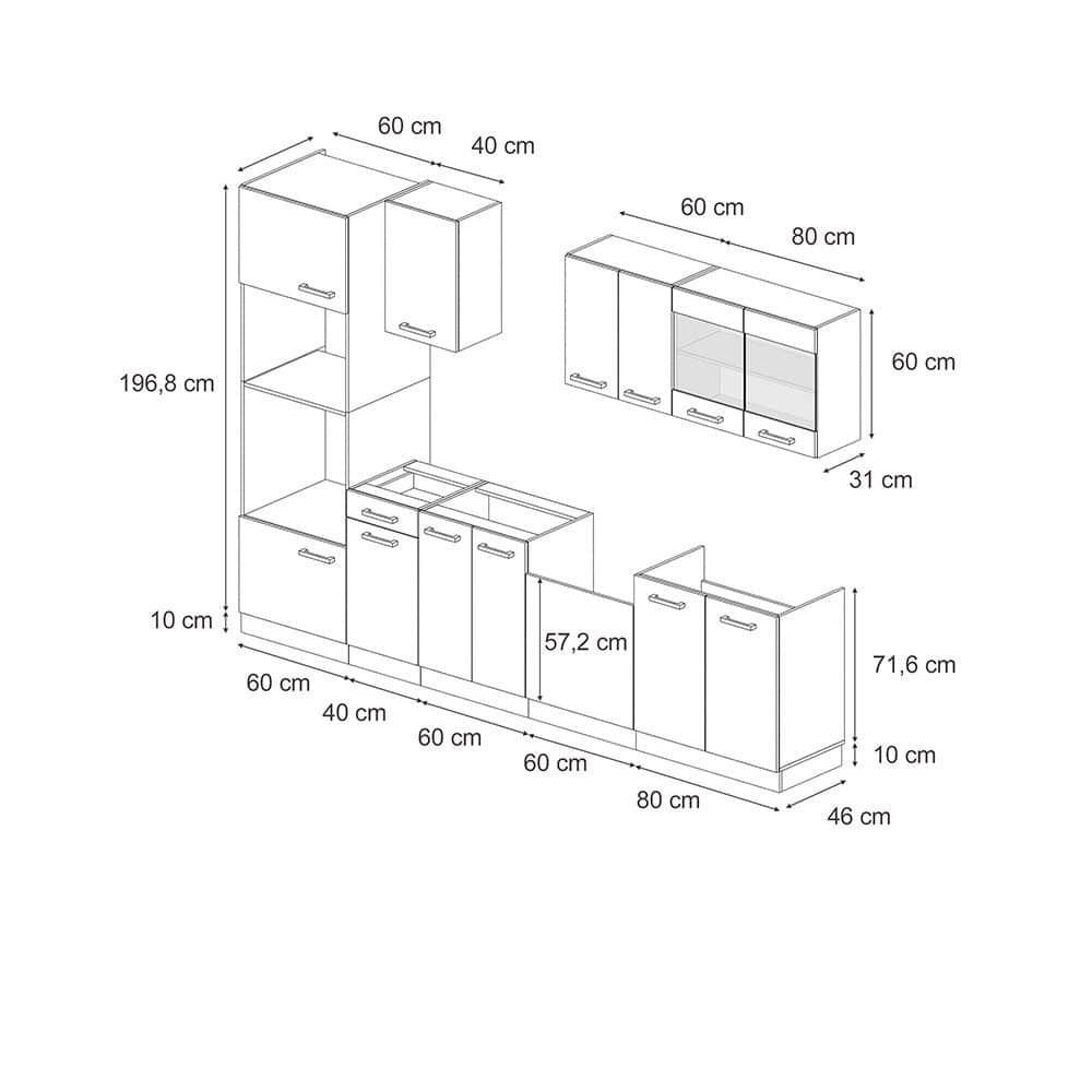 Küchen Vicco Vicco R-Line Küchenzeile 300 cm - Sonoma/Weiß mit Hochschrank (ohne AP) | Modulares Küchensystem mit Soft-Close-Scharnieren | Höhenverstellbare Füße Sonoma/Gol