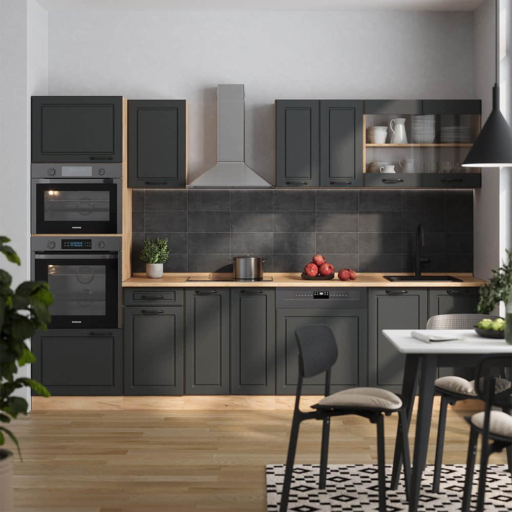 Vicco Vicco R-Line Küchenzeile 300 cm - Sonoma/Weiß mit Hochschrank (ohne AP) | Modulares Küchensystem mit Soft-Close-Scharnieren | Höhenverstellbare Füße Anthrazit Küchen