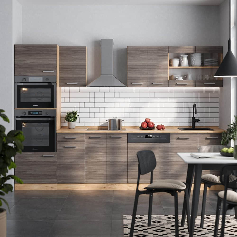 Küchen Vicco Vicco R-Line Küchenzeile 300 cm - Sonoma/Weiß mit Hochschrank (ohne AP) | Modulares Küchensystem mit Soft-Close-Scharnieren | Höhenverstellbare Füße Edelgrau/G