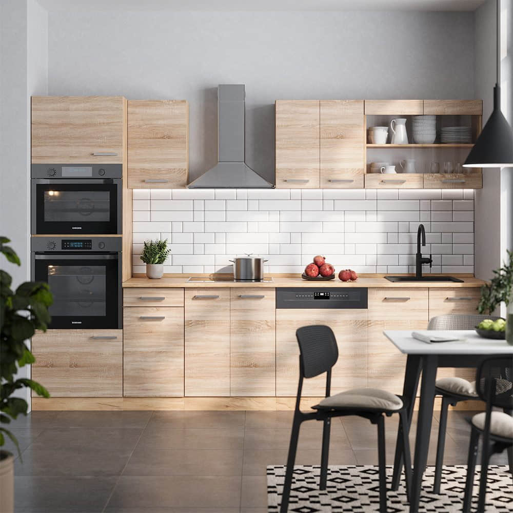 Küchen Vicco Vicco R-Line Küchenzeile 300 cm - Sonoma/Weiß mit Hochschrank (ohne AP) | Modulares Küchensystem mit Soft-Close-Scharnieren | Höhenverstellbare Füße Sonoma/Gol