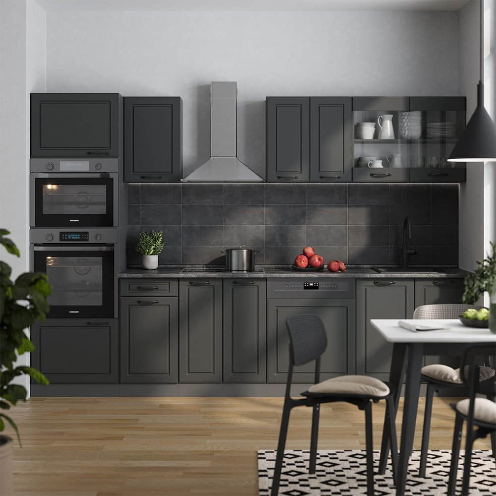 Küchen Vicco Vicco R-Line Küchenzeile 300 cm - Sonoma/Weiß mit Hochschrank (ohne AP) | Modulares Küchensystem mit Soft-Close-Scharnieren | Höhenverstellbare Füße Anthrazit
