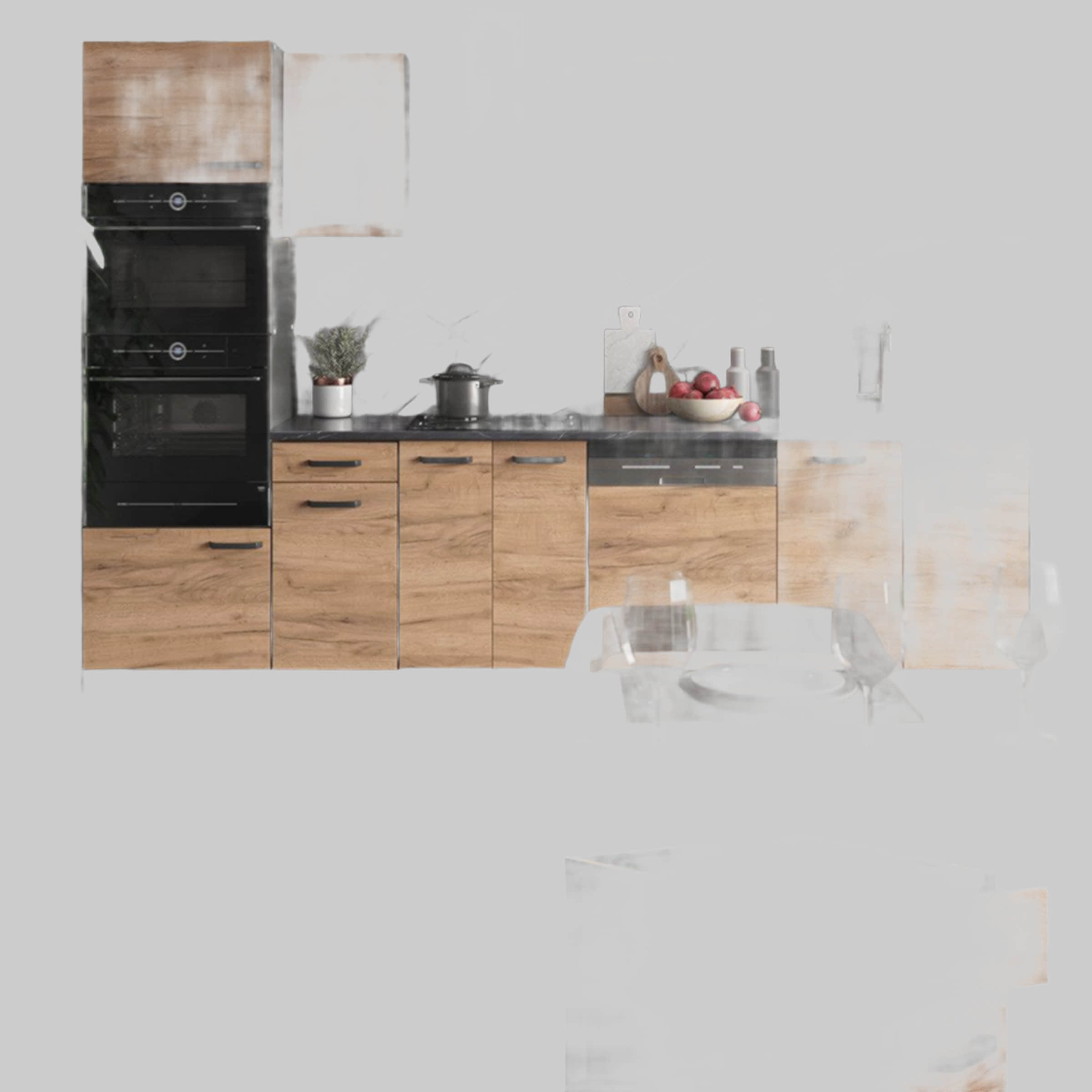 Vicco Küchen Vicco R-Line Küchenzeile 300 cm - Sonoma/Weiß mit Hochschrank (ohne AP) | Modulares Küchensystem mit Soft-Close-Scharnieren | Höhenverstellbare Füße Goldkraft