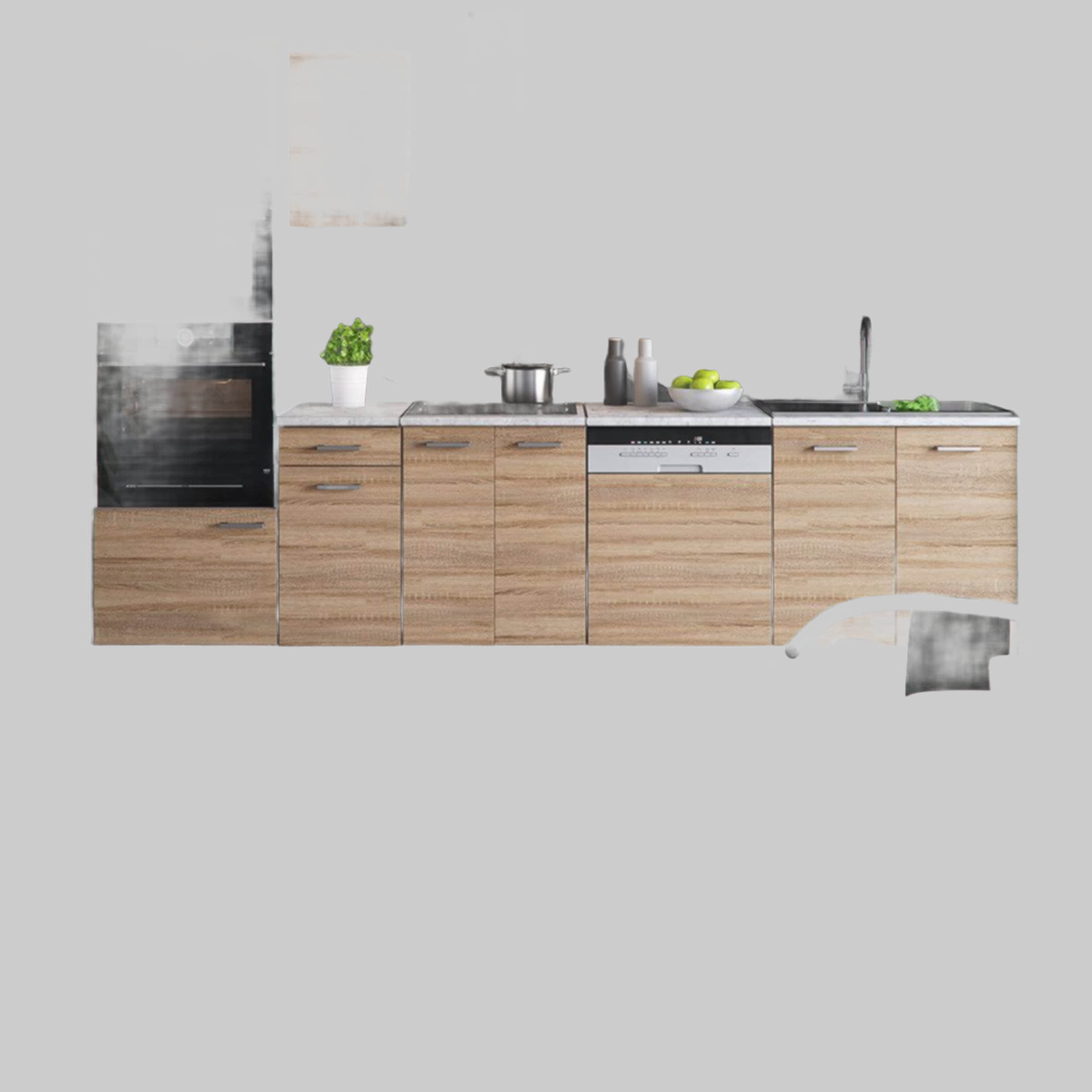 Küchen Vicco Vicco R-Line Küchenzeile 300 cm - Sonoma/Weiß mit Hochschrank (ohne AP) | Modulares Küchensystem mit Soft-Close-Scharnieren | Höhenverstellbare Füße Sonoma