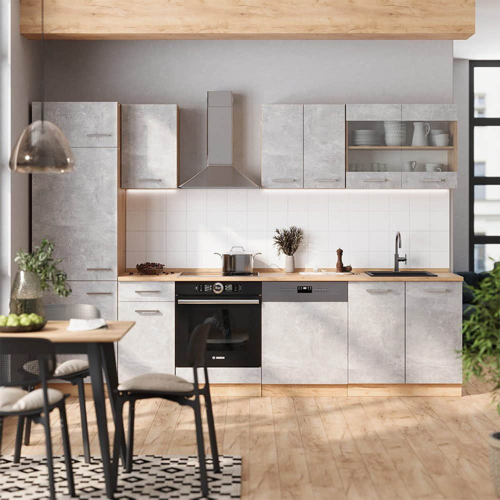 Vicco R-Line Küchenzeile | Modulares Küchensystem in Sonoma/Weiß | 300 cm Breite (ohne Arbeitsplatte) | Höhenverstellbar & Erweiterbar Beton/Gold Küchen Vicco