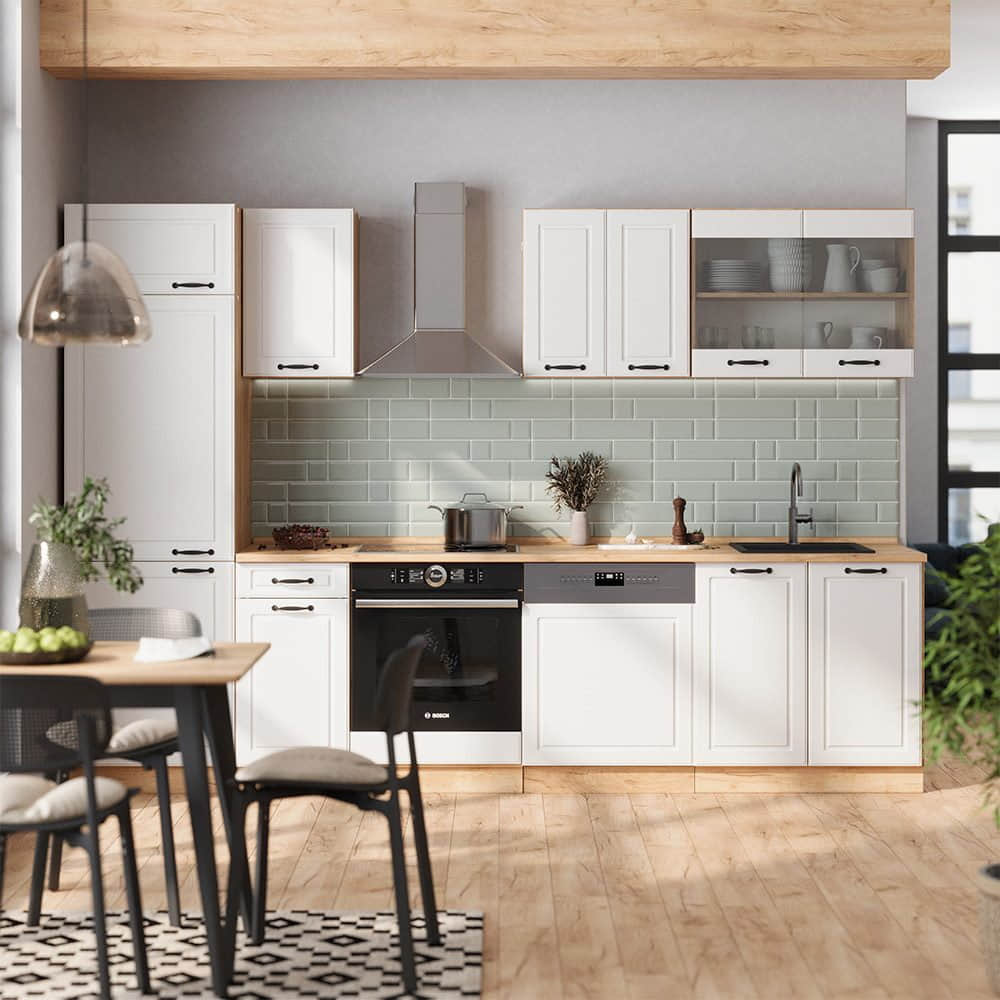 Vicco Küchen Vicco R-Line Küchenzeile | Modulares Küchensystem in Sonoma/Weiß | 300 cm Breite (ohne Arbeitsplatte) | Höhenverstellbar & Erweiterbar Weiß Landh
