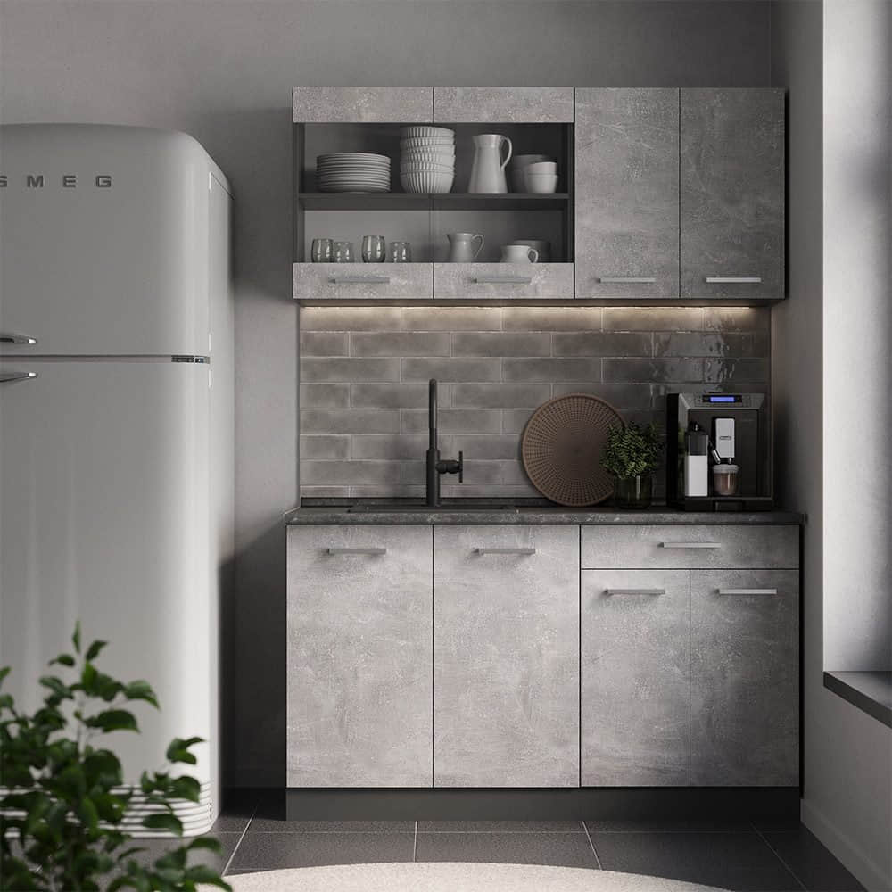 Küchen Vicco Vicco Singleküche R-Line Weiß Landhaus/Goldkraft Eiche 140cm ohne AP | Modulare Küchenzeile mit höhenverstellbaren Füßen | Landhausstil Küche für kleine Räume Beton/Anth