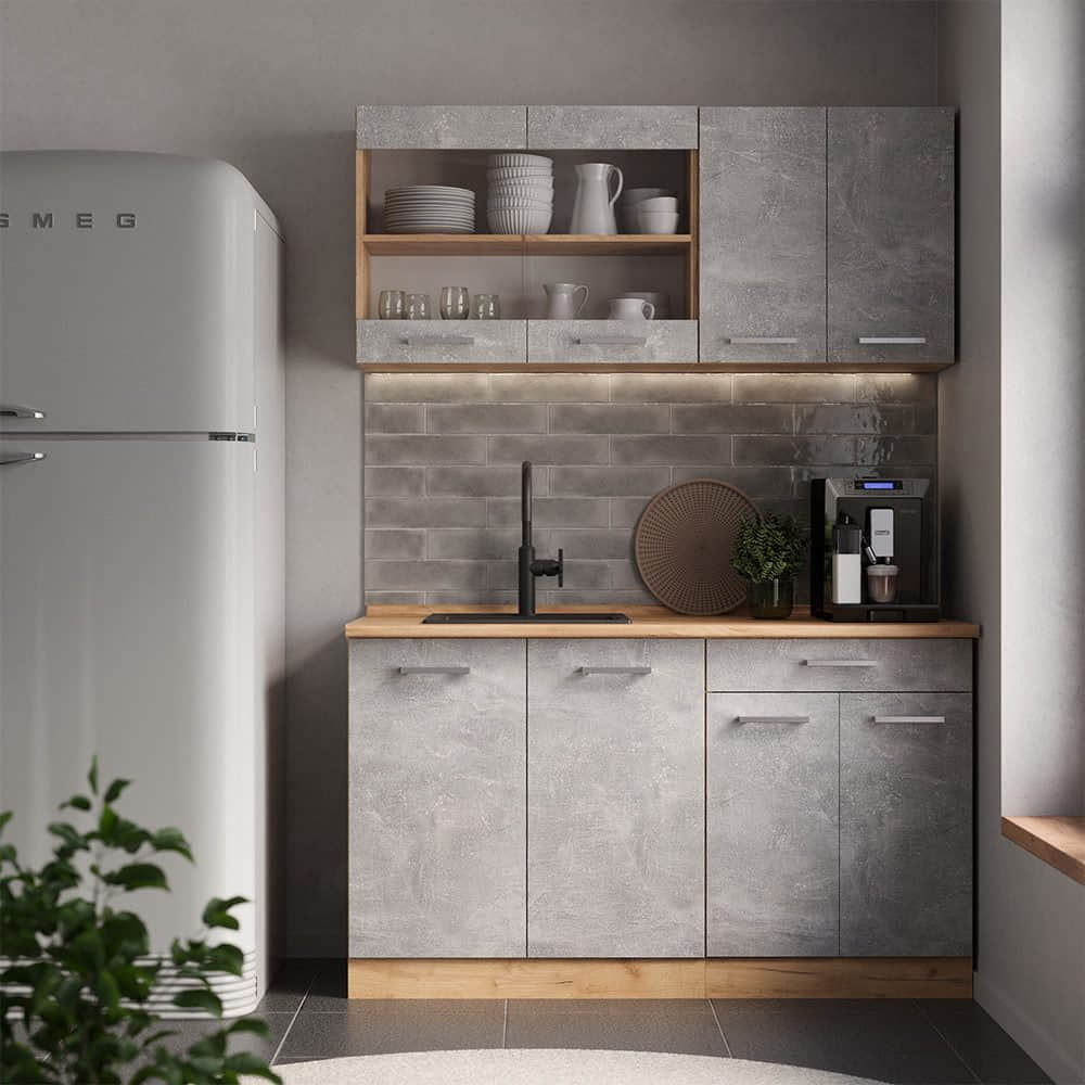 Küchen Vicco Vicco Singleküche R-Line Weiß Landhaus/Goldkraft Eiche 140cm ohne AP | Modulare Küchenzeile mit höhenverstellbaren Füßen | Landhausstil Küche für kleine Räume Beton/Gold