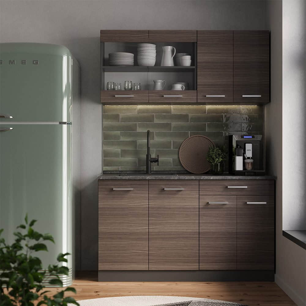 Vicco Singleküche R-Line Weiß Landhaus/Goldkraft Eiche 140cm ohne AP | Modulare Küchenzeile mit höhenverstellbaren Füßen | Landhausstil Küche für kleine Räume Edelgrau/A Küchen Vicco