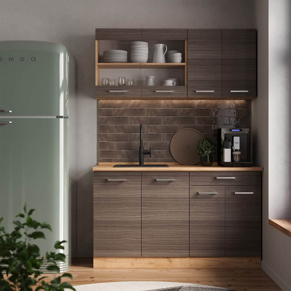 Küchen Vicco Vicco Singleküche R-Line Weiß Landhaus/Goldkraft Eiche 140cm ohne AP | Modulare Küchenzeile mit höhenverstellbaren Füßen | Landhausstil Küche für kleine Räume Edelgrau/G