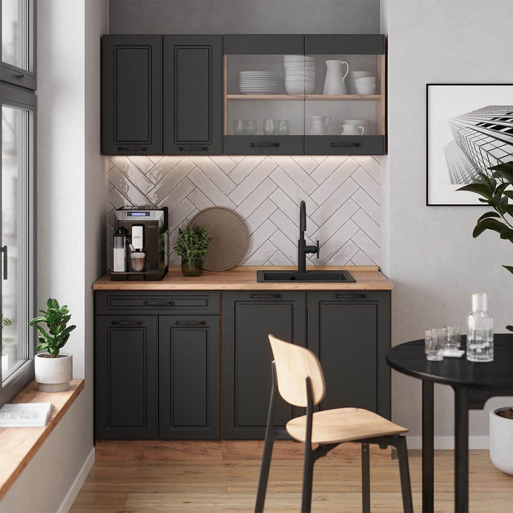 Küchen Vicco Vicco Singleküche R-Line Weiß Landhaus/Goldkraft Eiche 140cm ohne AP | Modulare Küchenzeile mit höhenverstellbaren Füßen | Landhausstil Küche für kleine Räume Anthrazit