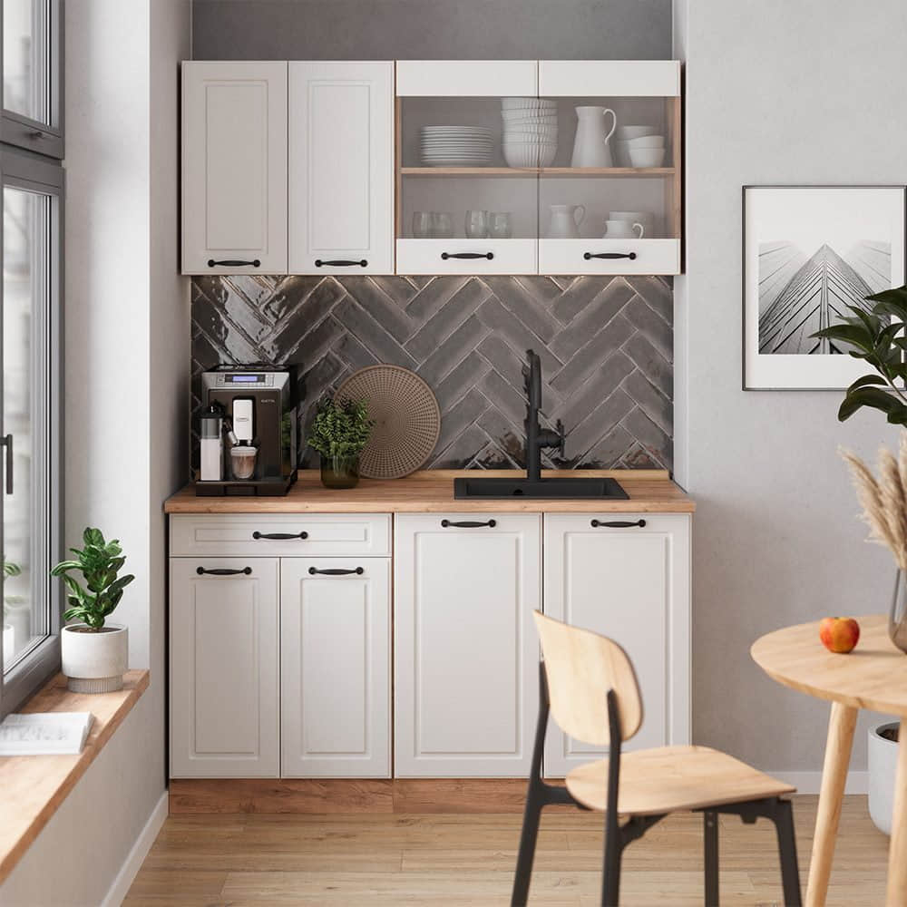 Vicco Singleküche R-Line Weiß Landhaus/Goldkraft Eiche 140cm ohne AP | Modulare Küchenzeile mit höhenverstellbaren Füßen | Landhausstil Küche für kleine Räume Weiß Landh Vicco Küchen