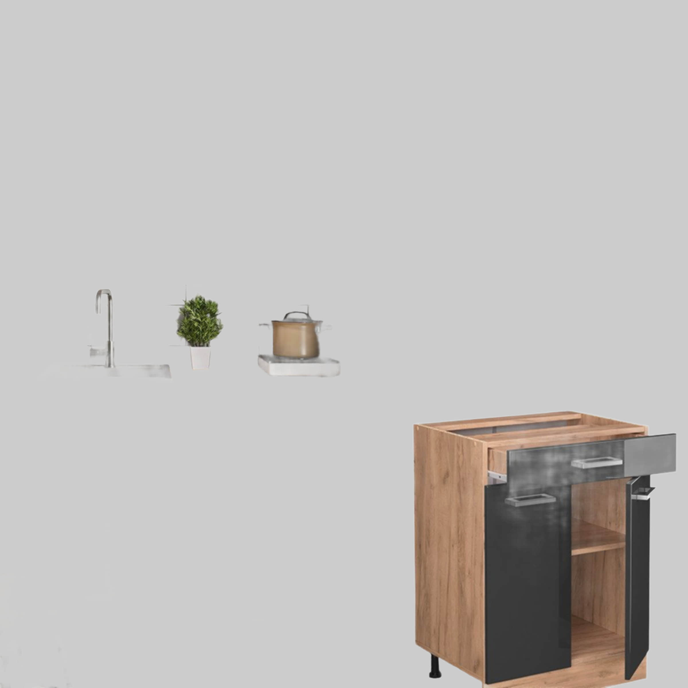 Küchen Vicco Vicco Singleküche R-Line Weiß Landhaus/Goldkraft Eiche 140cm ohne AP | Modulare Küchenzeile mit höhenverstellbaren Füßen | Landhausstil Küche für kleine Räume Anthrazit