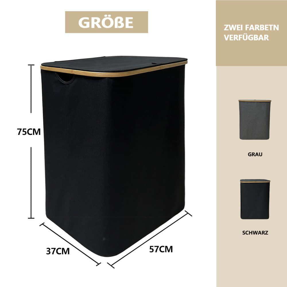 Bad & Sanitär WAOHO WAOHO Premium Wäschekorb faltbar mit Deckel - 160L XXL Volumen, 3 Fächer System, 2 herausnehmbare Wäschesäcke, wasserdicht & platzsparend faltbar (Bambusrahmen)