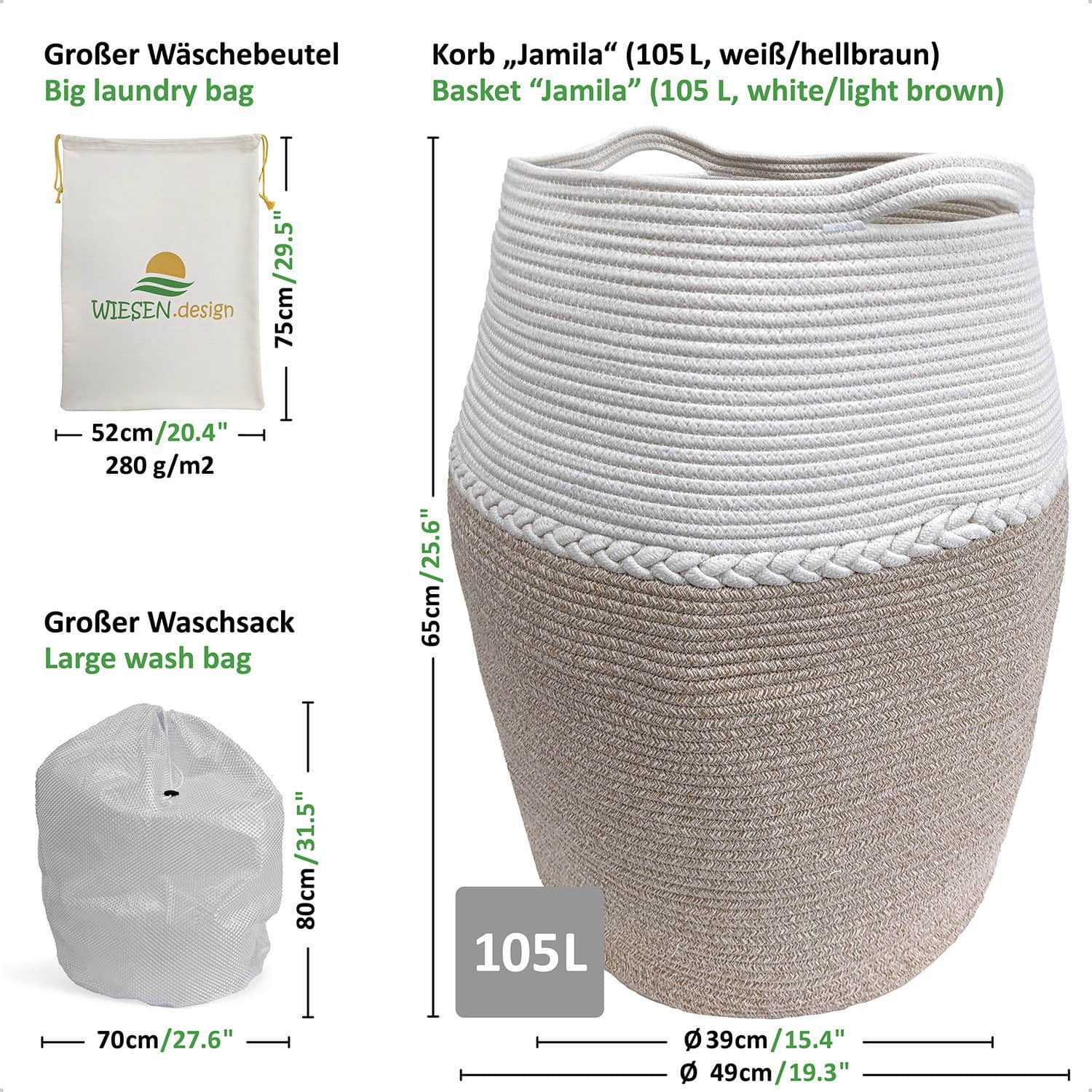 WIESEN.design WIESEN.design Jamila Wäschekorb Ø46/39xH65cm 105L - Handgeflochtener Baumwollkorb für Wäsche & Spielzeug | Inkl. Wäschesack | GRS & BSCI zertifiziert Hellbraun/ Bad & Sanitär