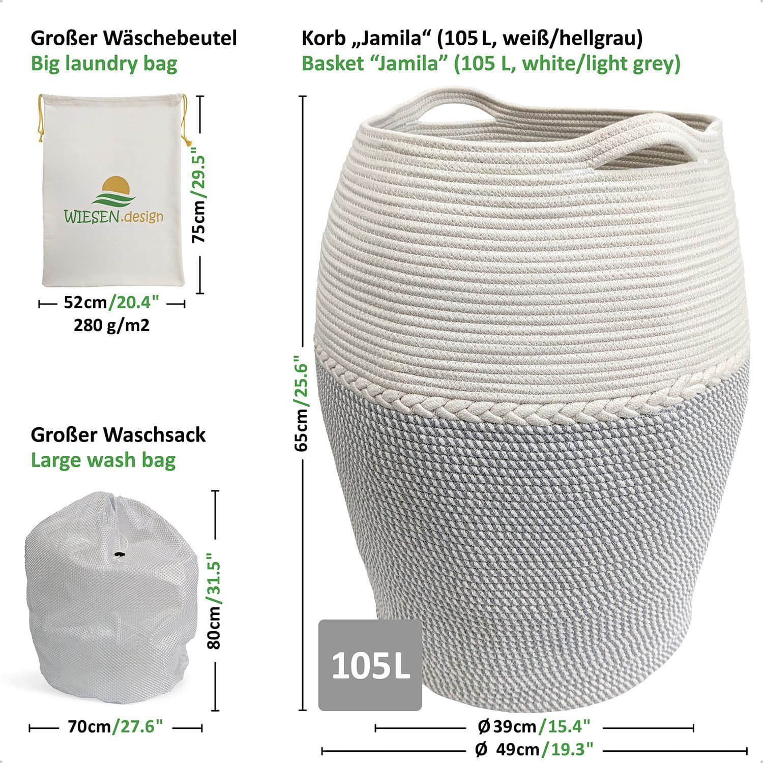 Bad & Sanitär WIESEN.design WIESEN.design Jamila Wäschekorb Ø46/39xH65cm 105L - Handgeflochtener Baumwollkorb für Wäsche & Spielzeug | Inkl. Wäschesack | GRS & BSCI zertifiziert Hellgrau/W