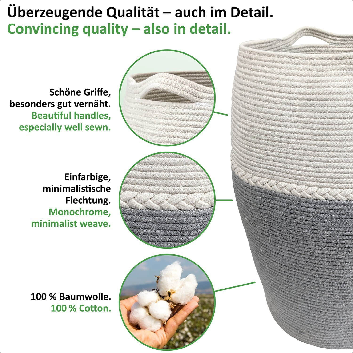 WIESEN.design Bad & Sanitär WIESEN.design Jamila Wäschekorb Ø46/39xH65cm 105L - Handgeflochtener Baumwollkorb für Wäsche & Spielzeug | Inkl. Wäschesack | GRS & BSCI zertifiziert Grau/Weiß